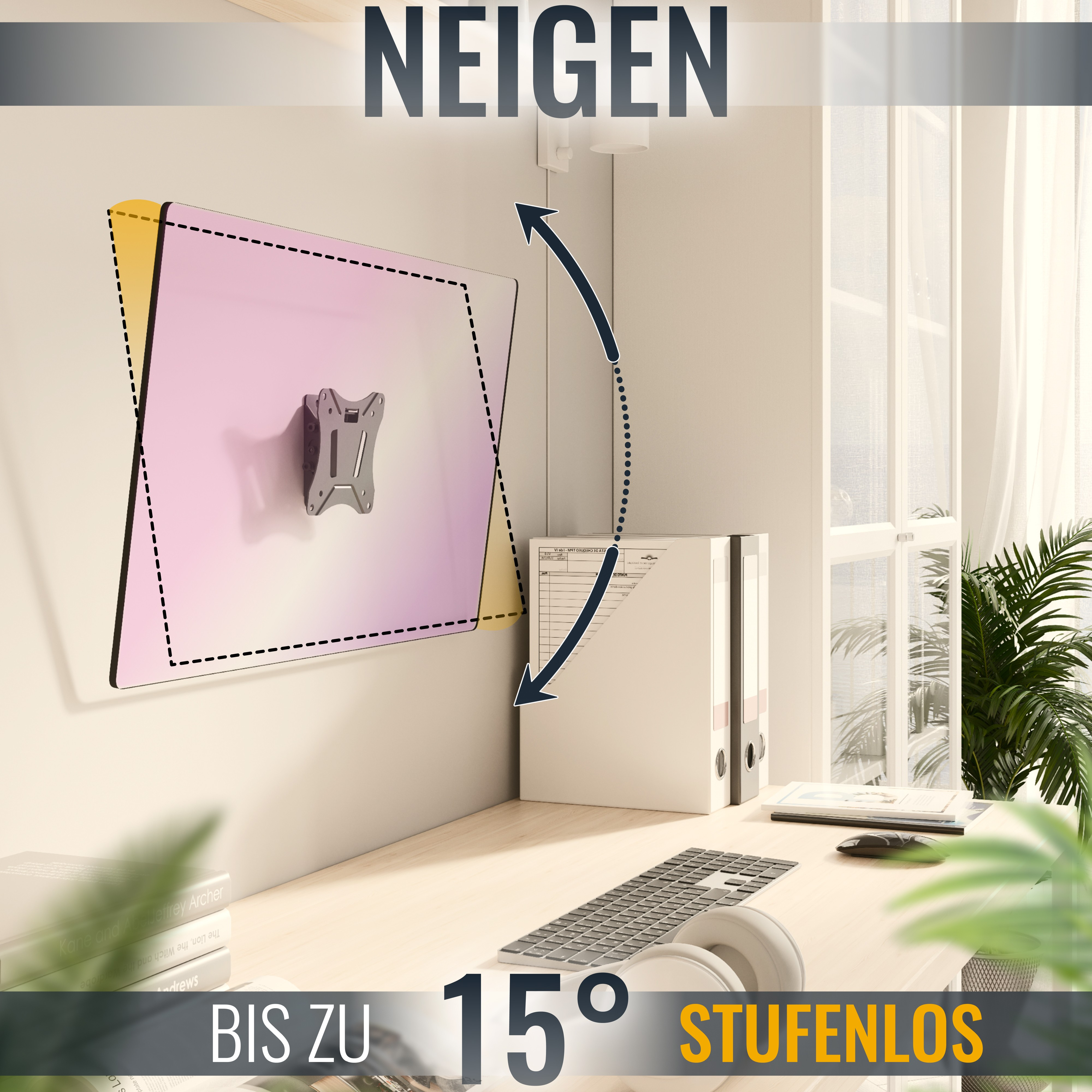 Ein Monitorständer mit Kippmechanismus wird mit einem Schreibtisch und einem Fenster gezeigt.