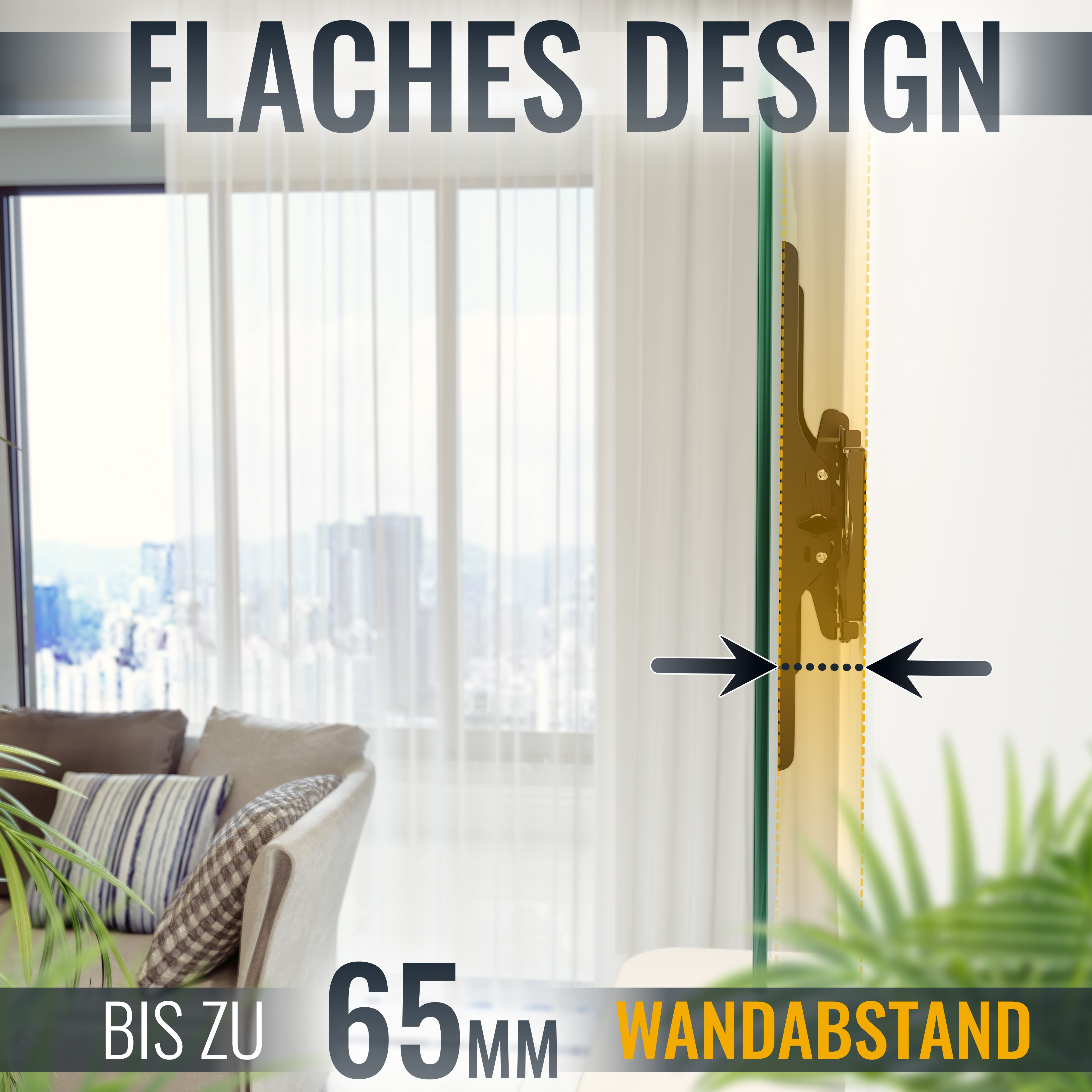 Staffa TV a parete con testo 65mm distanza e 'Design piatto'.