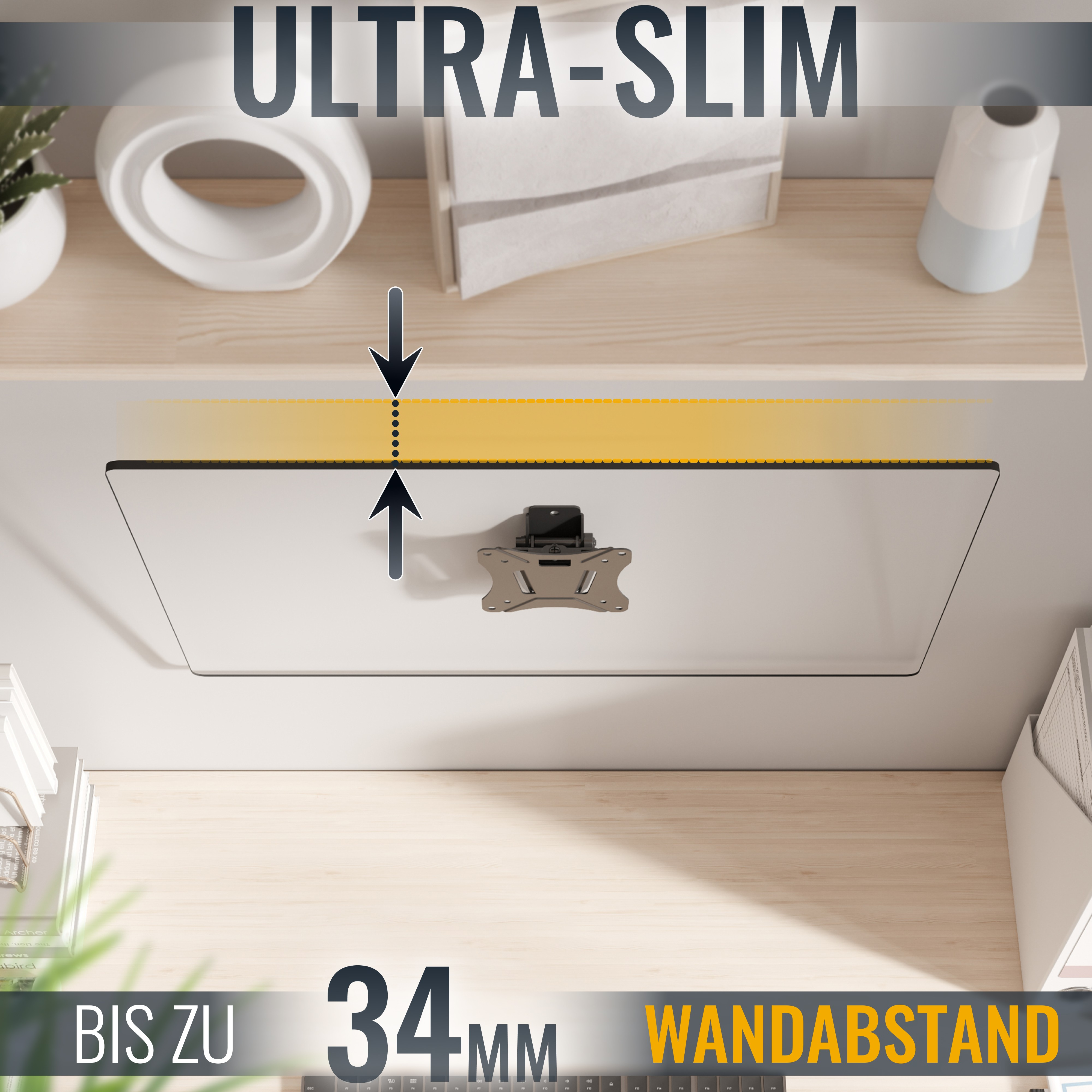 Ein weißer Fernseher mit dem Text Ultra-Slim und 34mm Wandabstand.