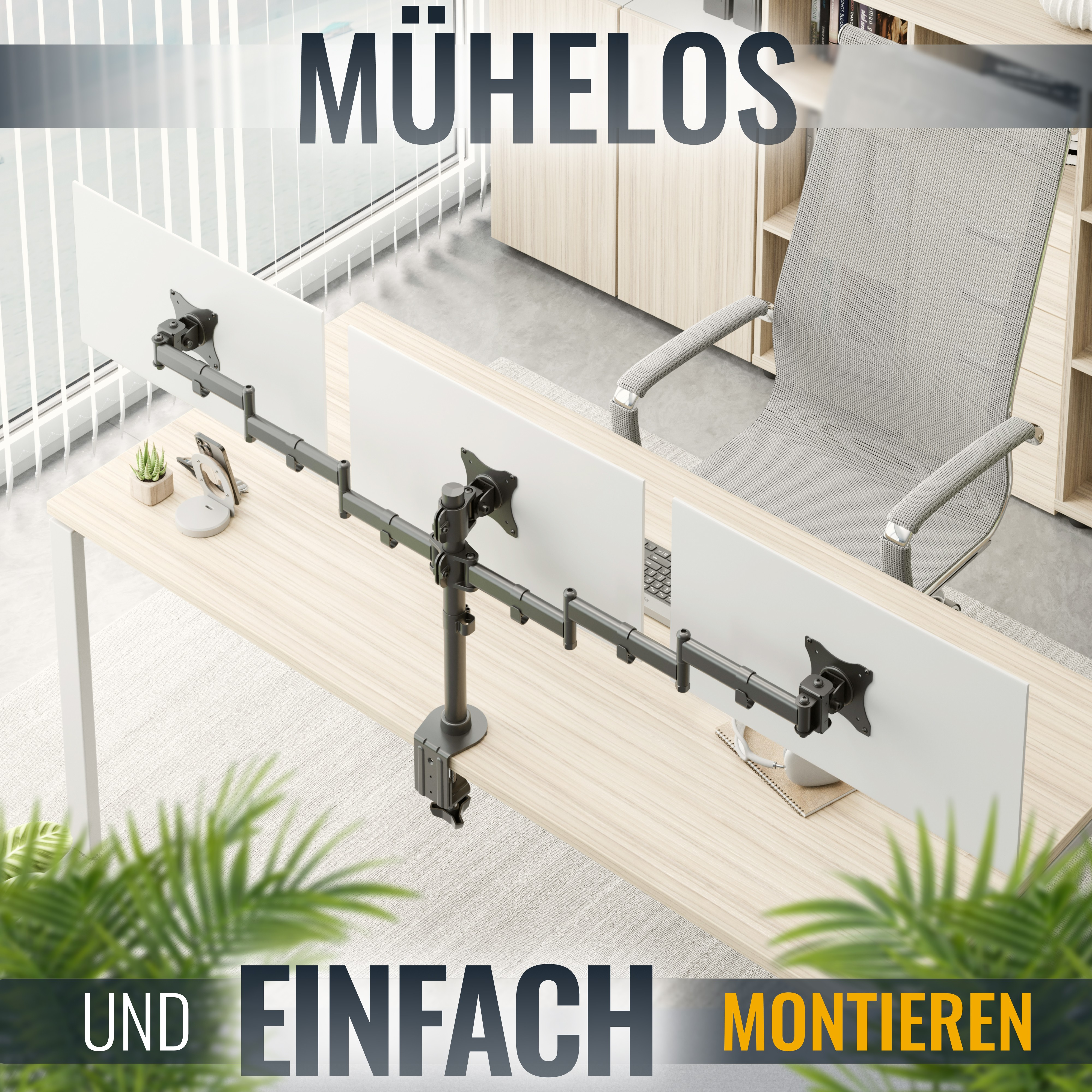 Ein Schreibtisch-Setup mit drei Monitoren, einem Monitorarm und Pflanzen. Text: Mühelos und Einfach Montieren.