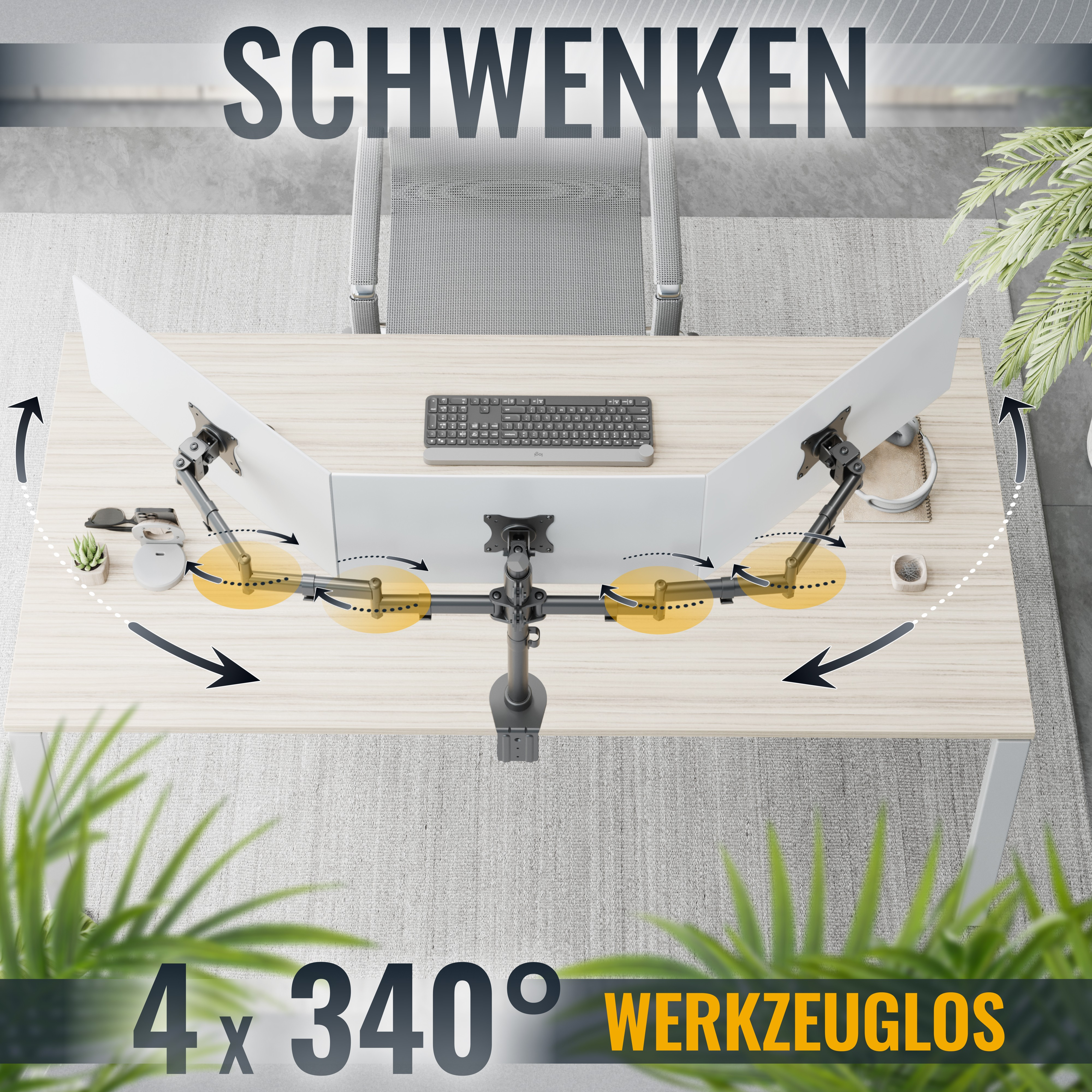 Ein Tisch mit mehreren an Armen befestigten Monitoren, umgeben von Pflanzen und einer Tastatur.