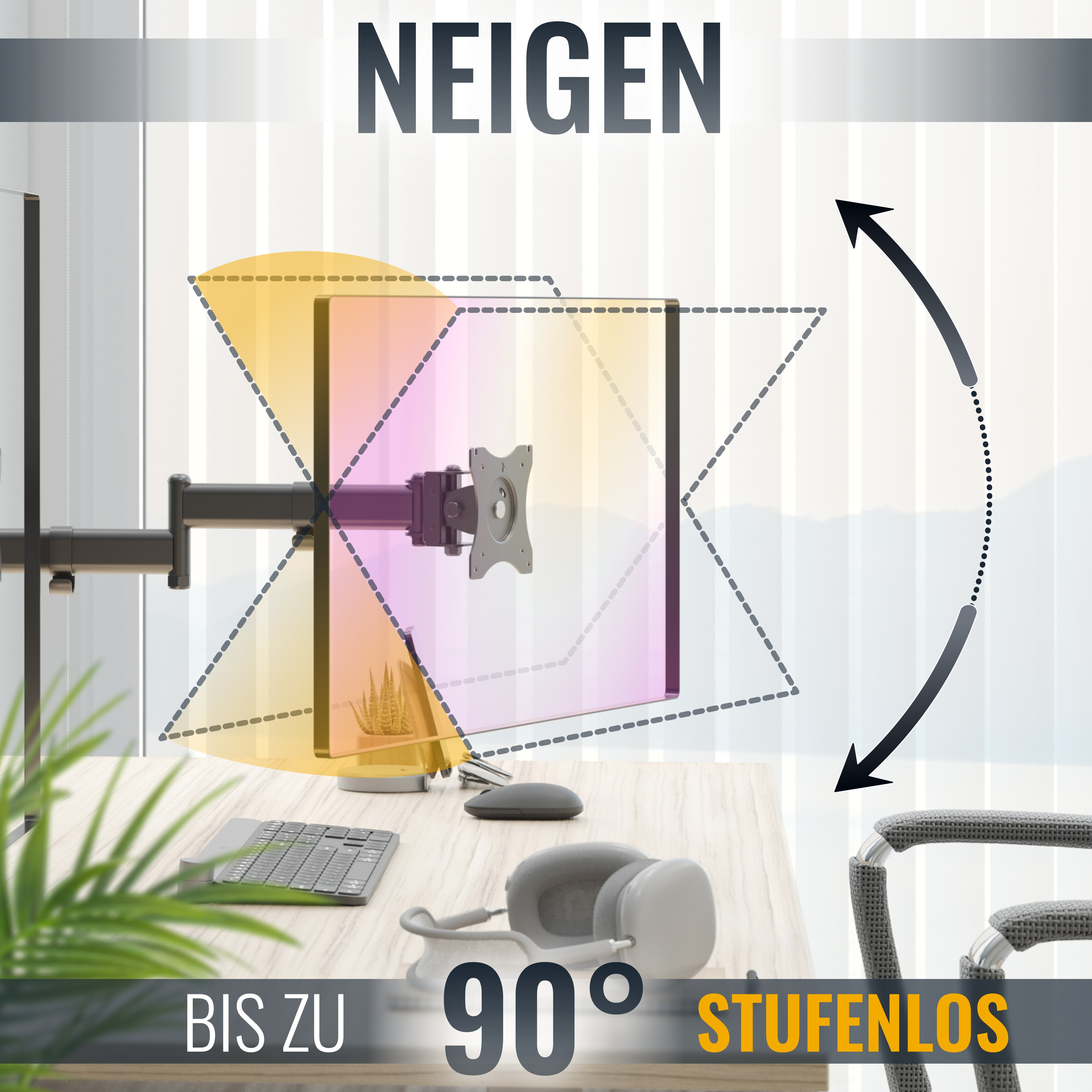 Monitor auf einem Schreibtisch, neigungsverstellbar. Text zeigt bis zu 90 Grad.