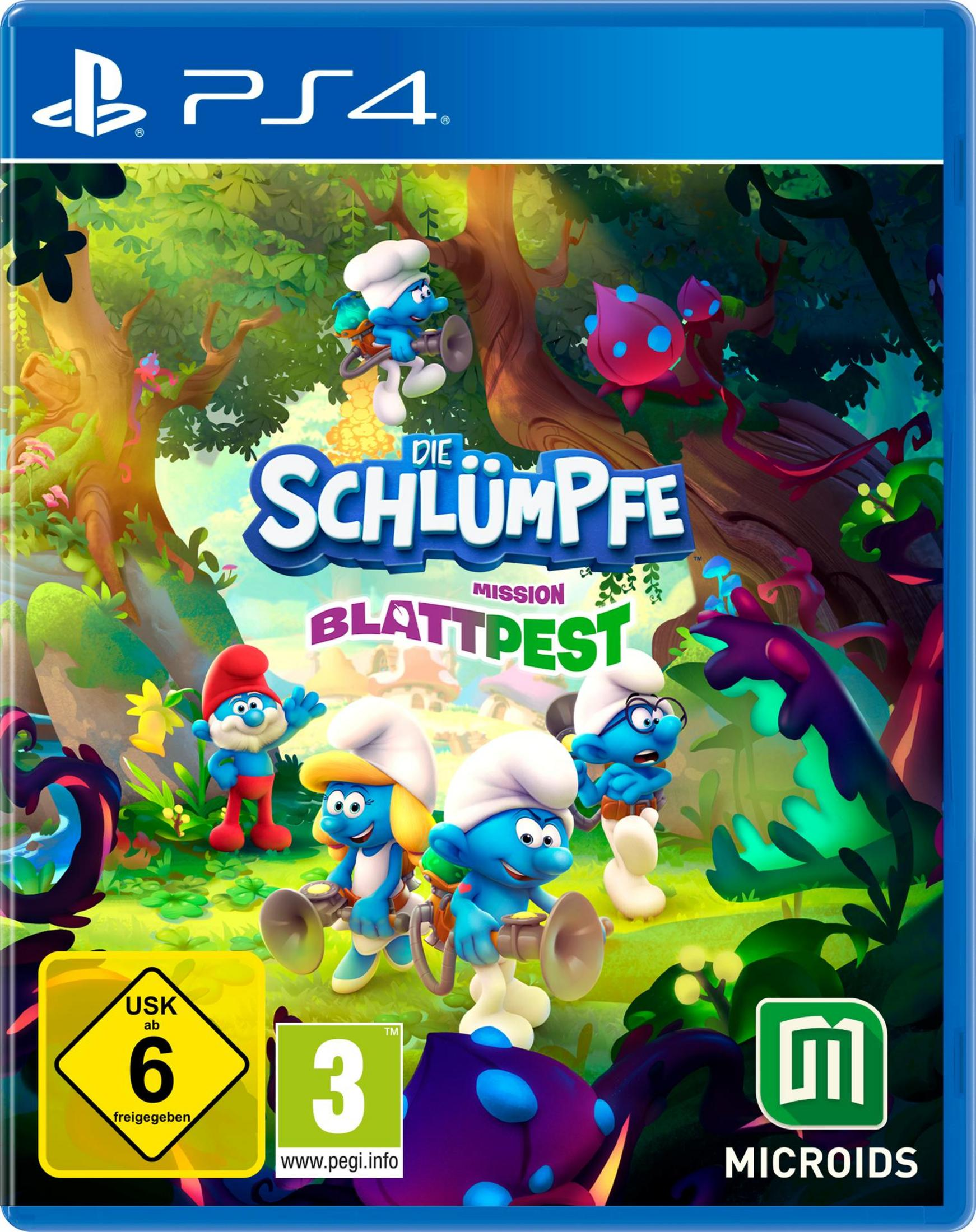 Videospiel-Box. Cover des Schlümpfe-Spiels mit Schlümpfen in einem farbenfrohen Wald.