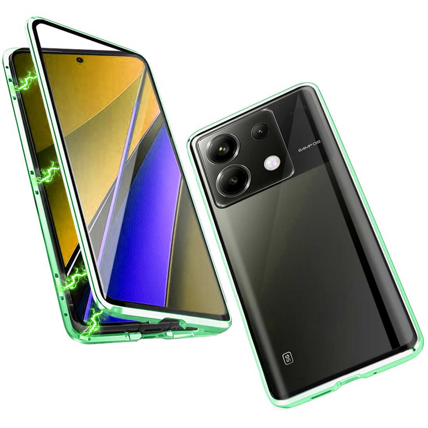 Eine Handyhülle mit Telefon, mit grünem Rahmen. Die Hülle ist offen und zeigt den Telefonbildschirm.