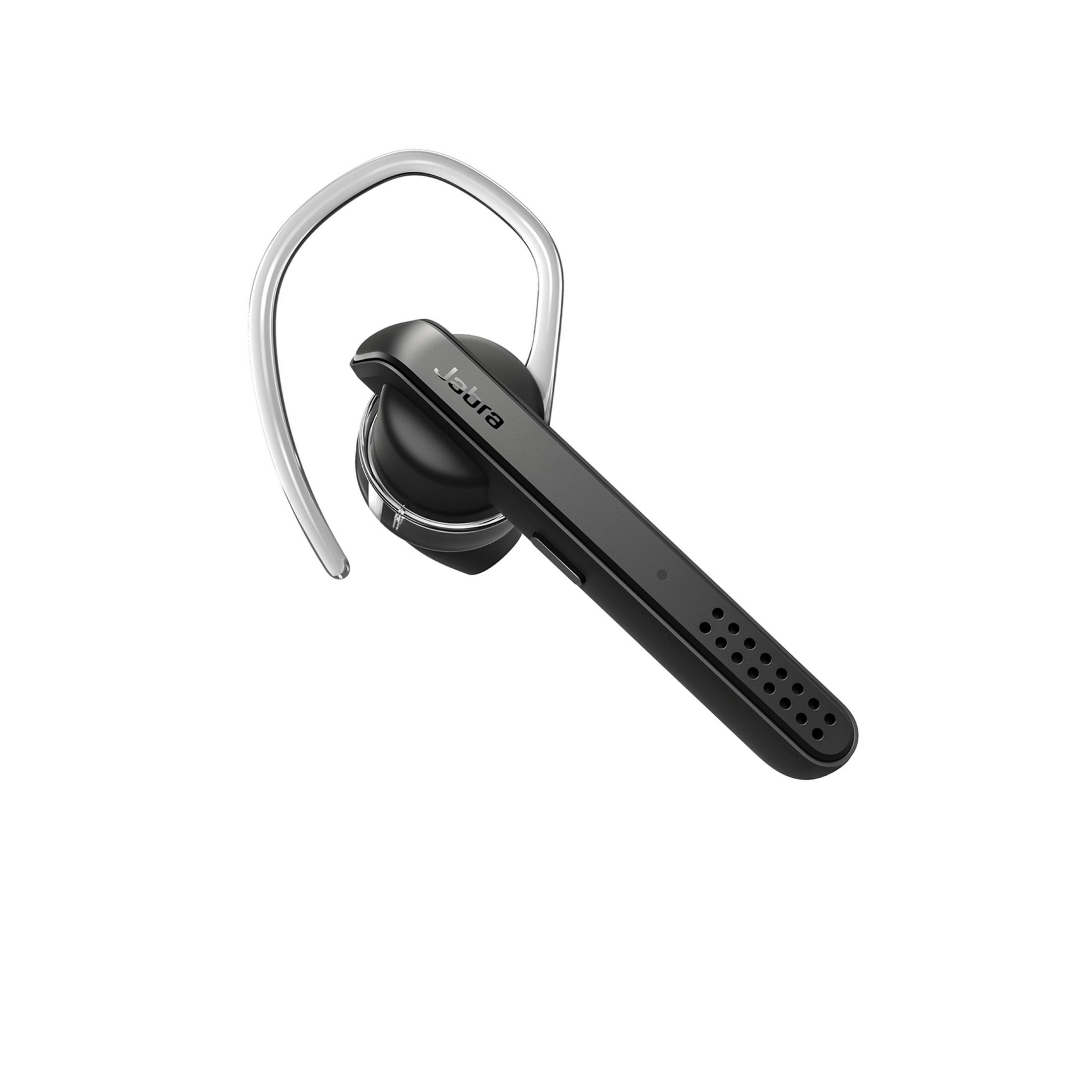Un auricular Bluetooth Jabra negro. Tiene un gancho para la oreja curvado y un micrófono que se extiende hacia abajo.