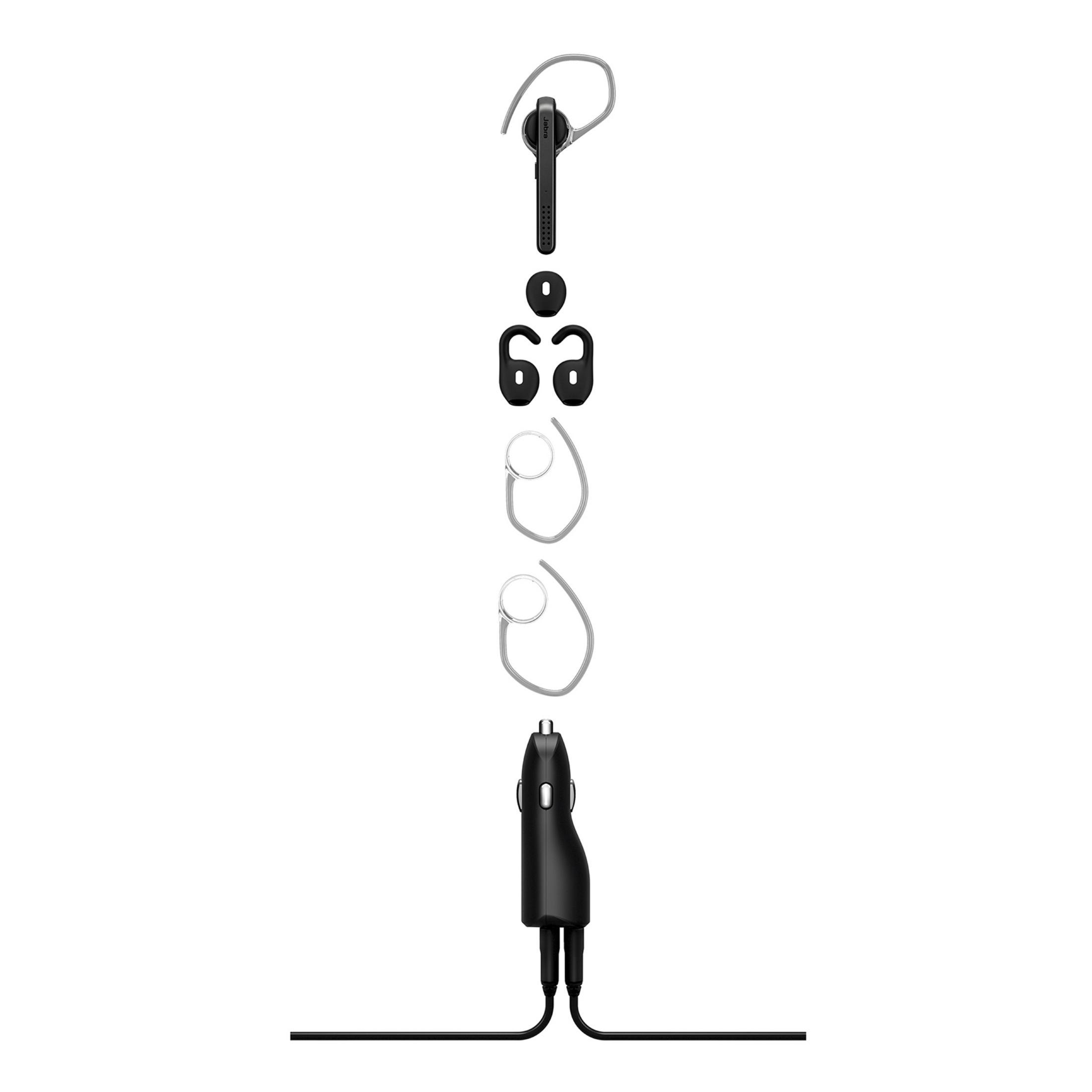 Juego de auriculares: auricular, ganchos para la oreja y cargador de coche.