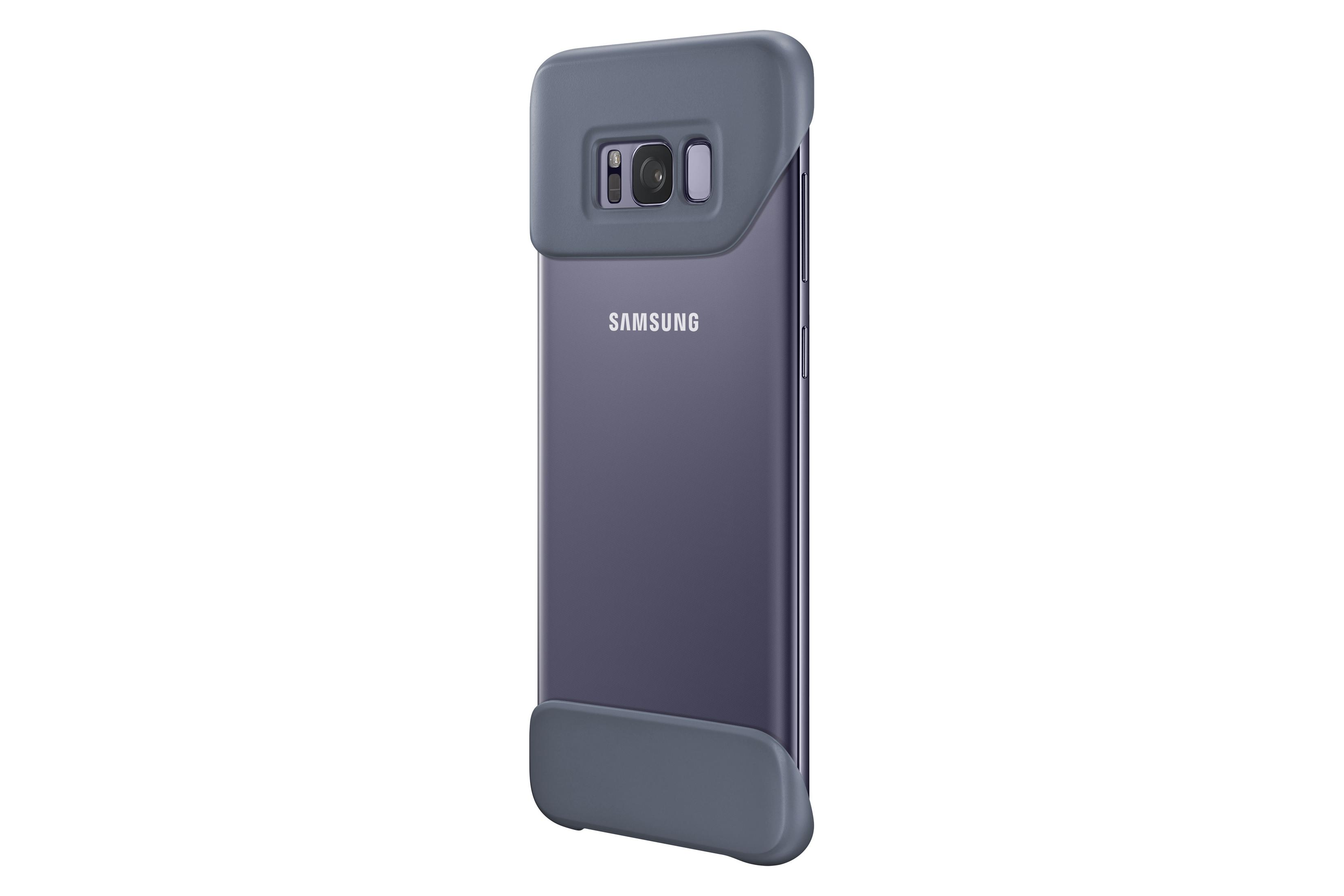 Teléfono Samsung en una funda protectora gris con un recorte para la cámara.