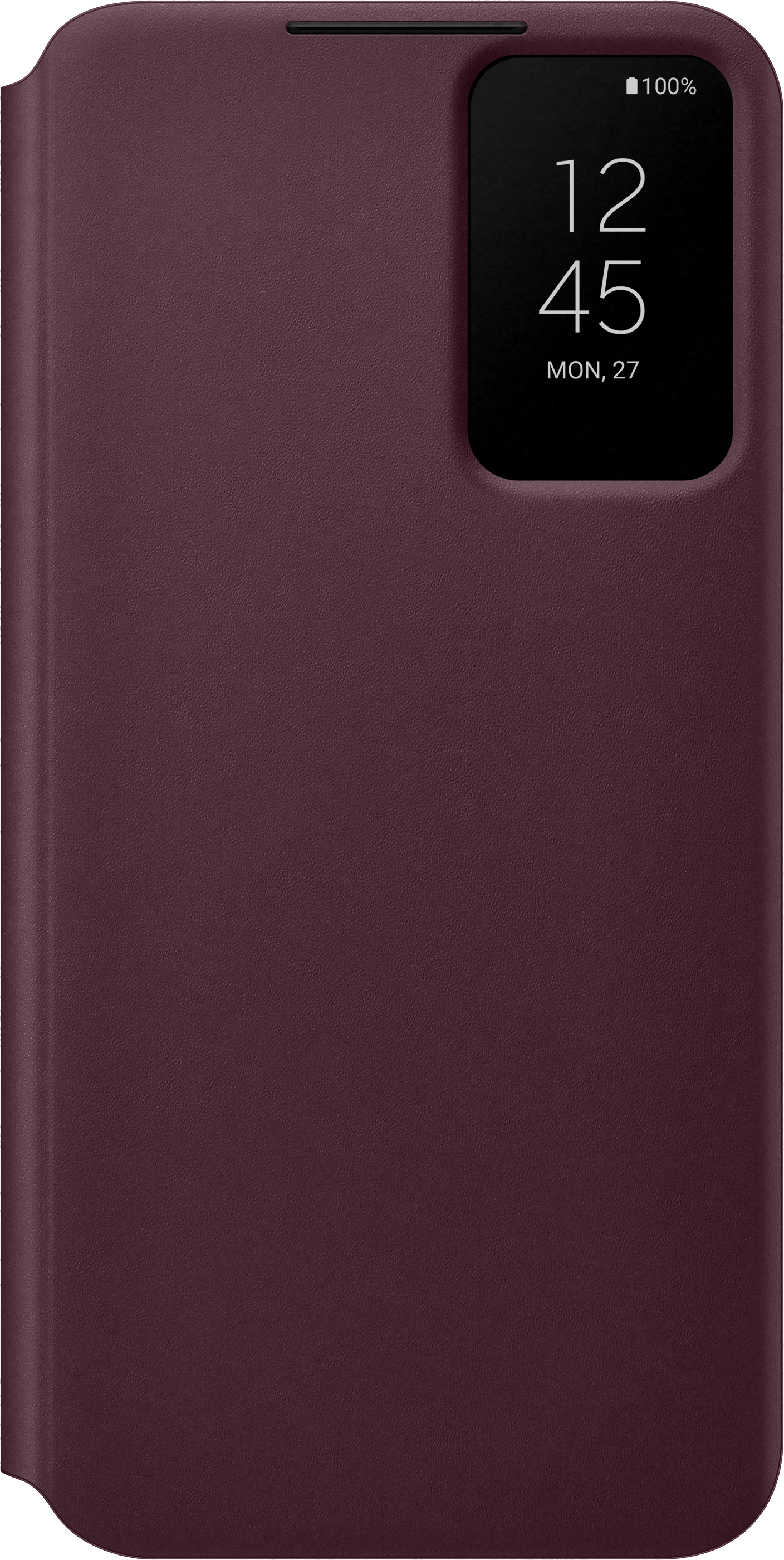 Una custodia per telefono bordeaux con uno schermo nero che mostra l'ora e la percentuale della batteria.