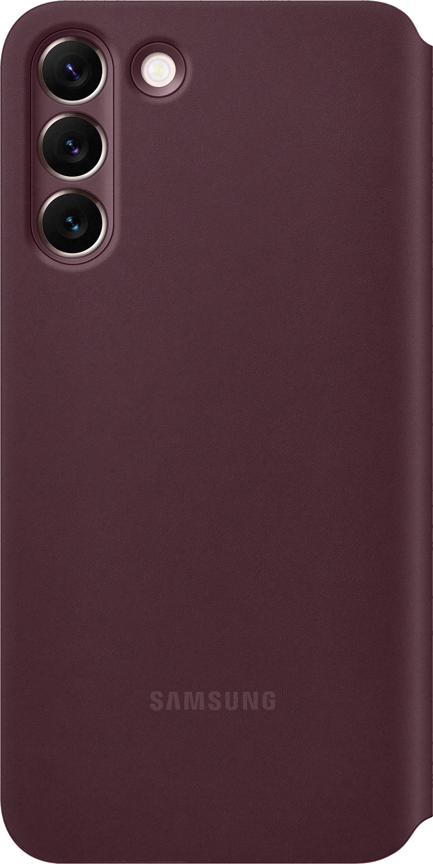 Una custodia per telefono rosso scuro con tre obiettivi.
