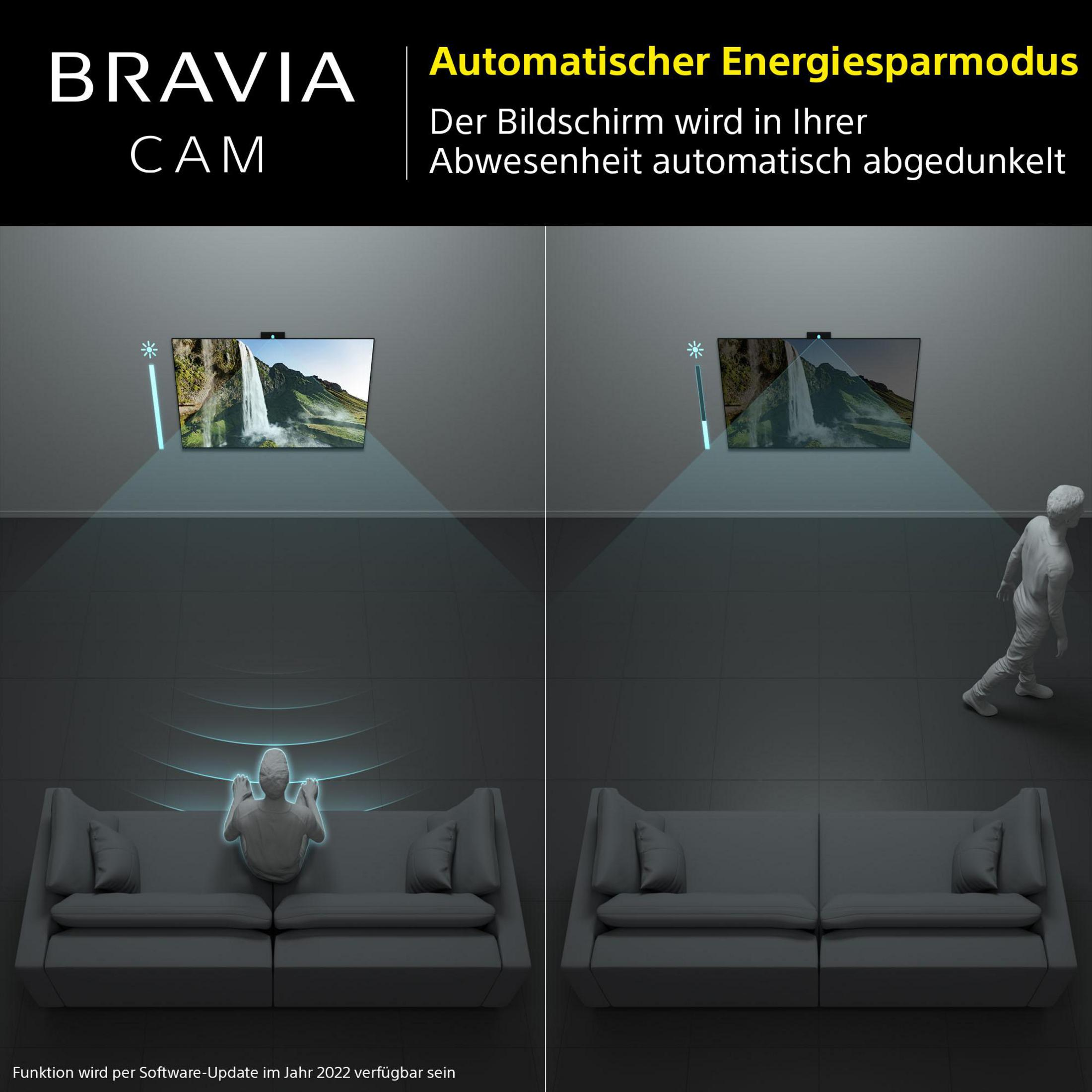 Due schermi con TV. Uno mostra una persona, l'altro una stanza vuota. Testo BRAVIA CAM.