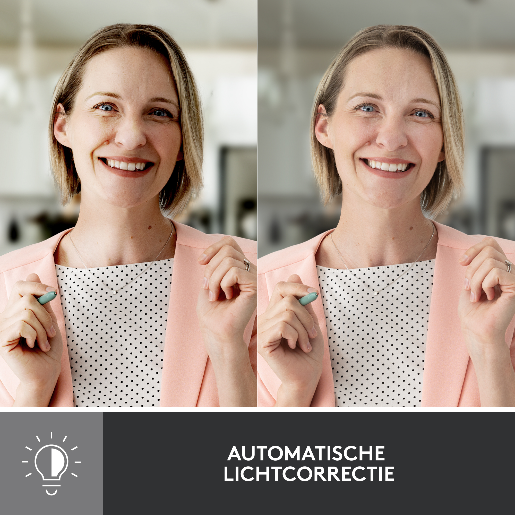 Dwa zdjęcia kobiety z zastosowaną korekcją światła. Kobieta uśmiecha się i trzyma długopis. Tekst: 'Automatyczna korekcja światła'.