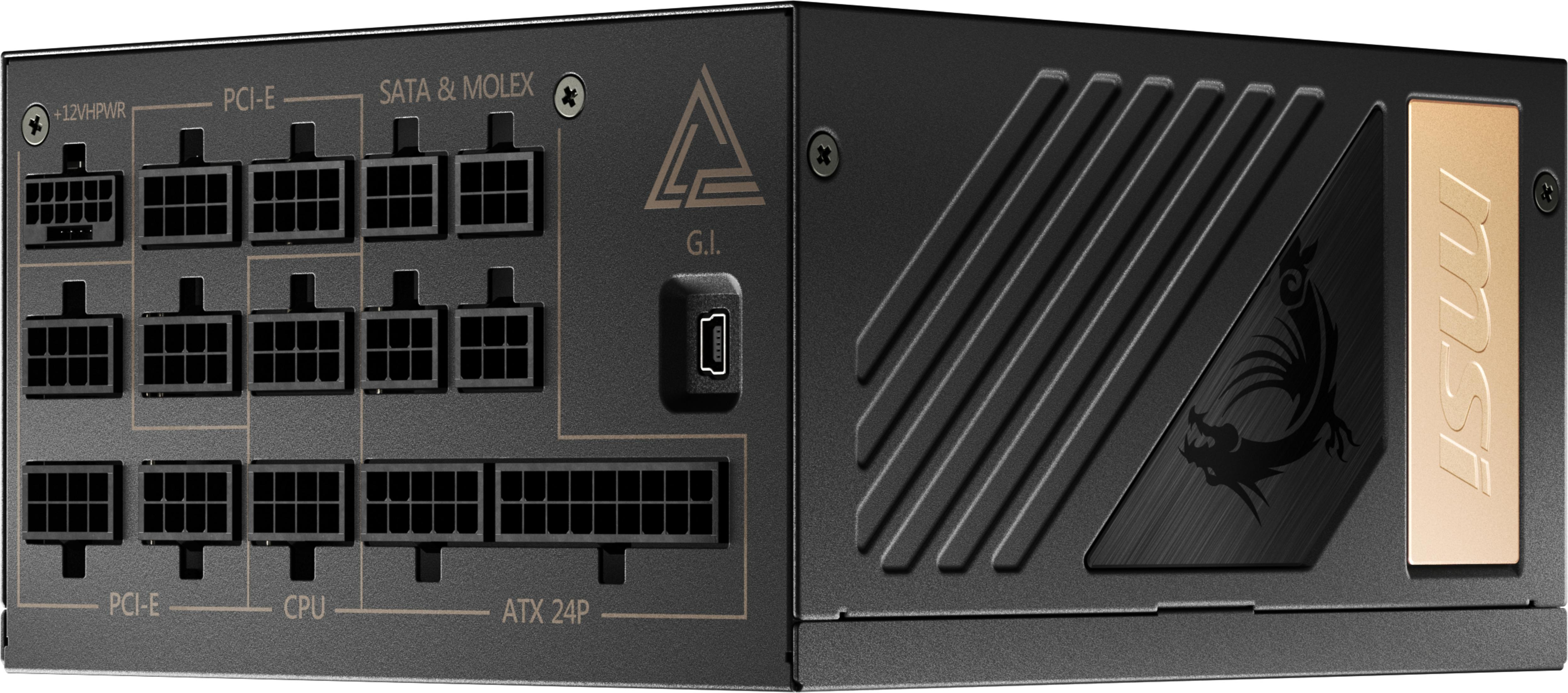 Czarny zasilacz z różnymi portami i logo MSI.