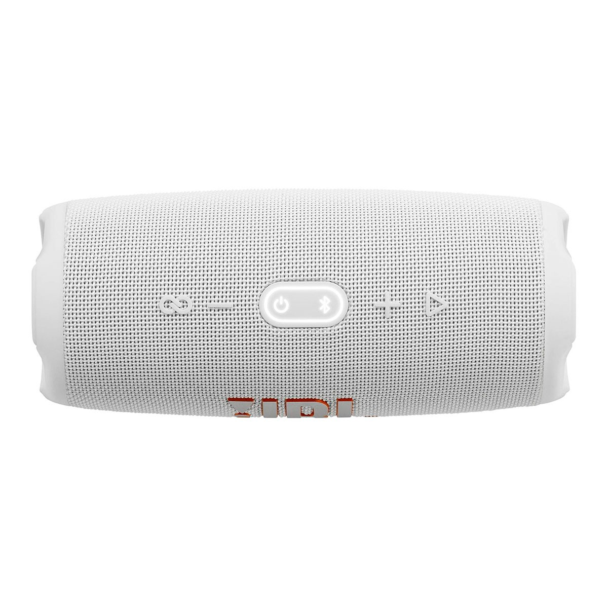 Biały głośnik JBL. Posiada przyciski zasilania, Bluetooth i głośności. Logo JBL jest pomarańczowe.