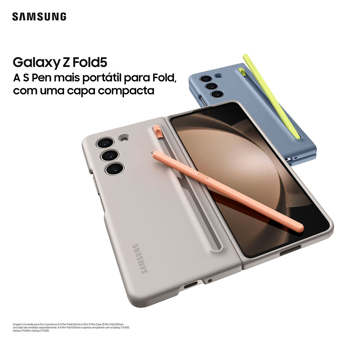 Samsung Galaxy Z Fold5, szary telefon z piórem w etui i niebieski telefon z żółtym piórem.