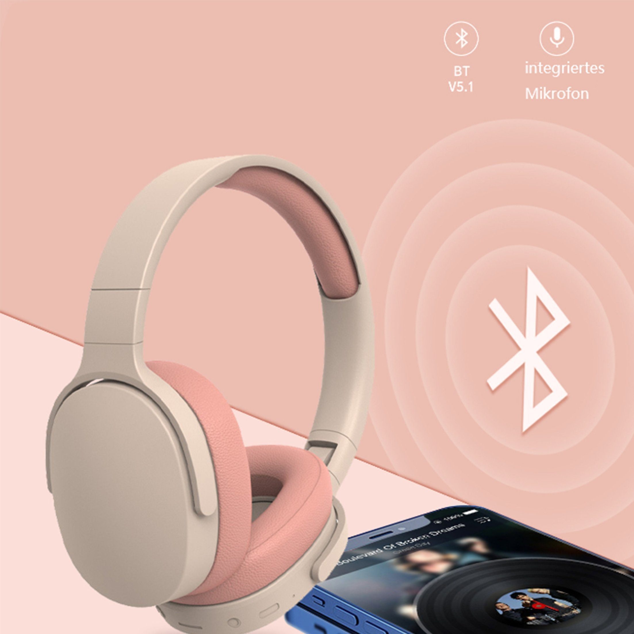 Kabellose Kopfhörer, Telefon mit Musik und Bluetooth-Symbol auf rosa Hintergrund.