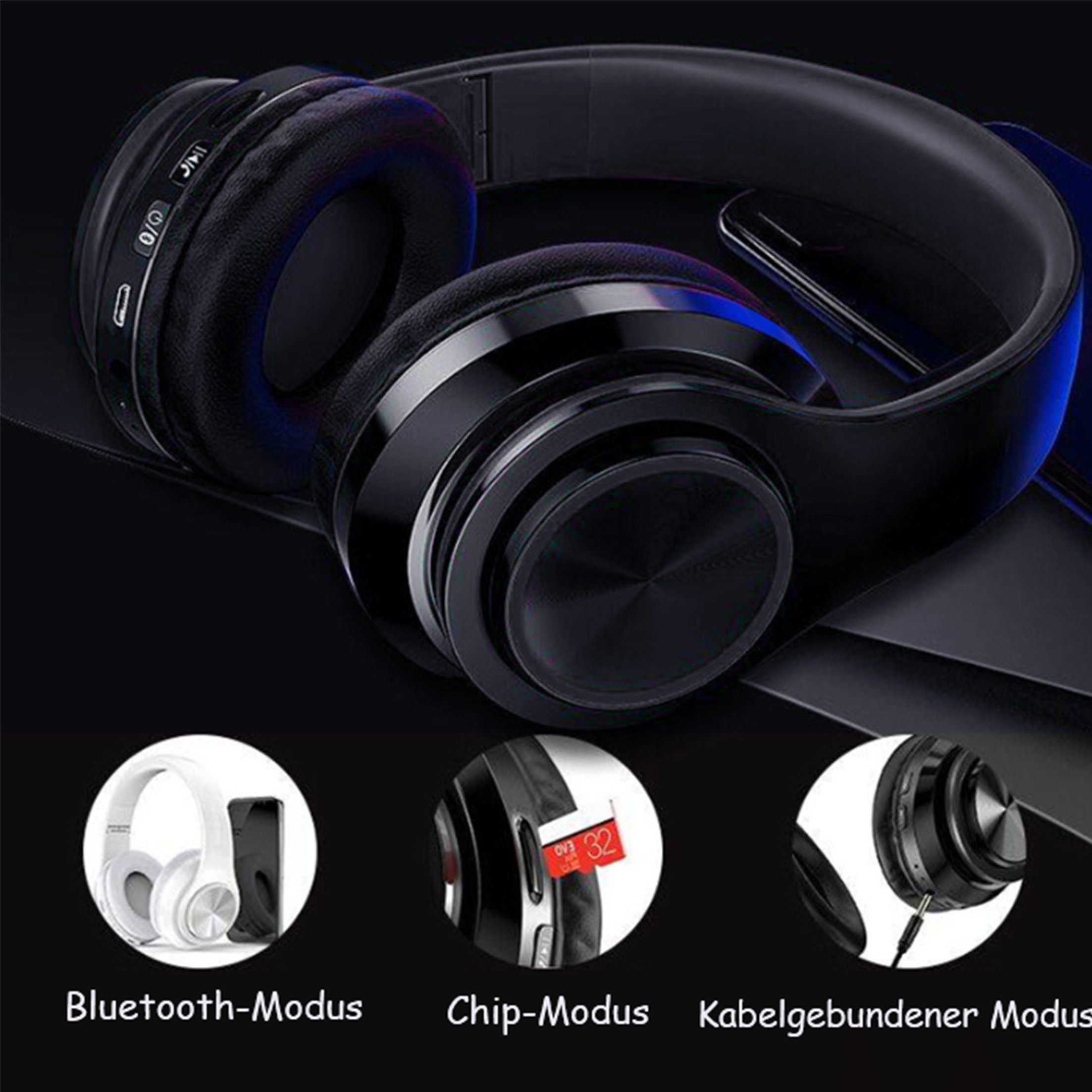 Schwarze Kopfhörer mit drei kleineren Bildern. Bluetooth, Chip und Kabelmodi werden angezeigt.