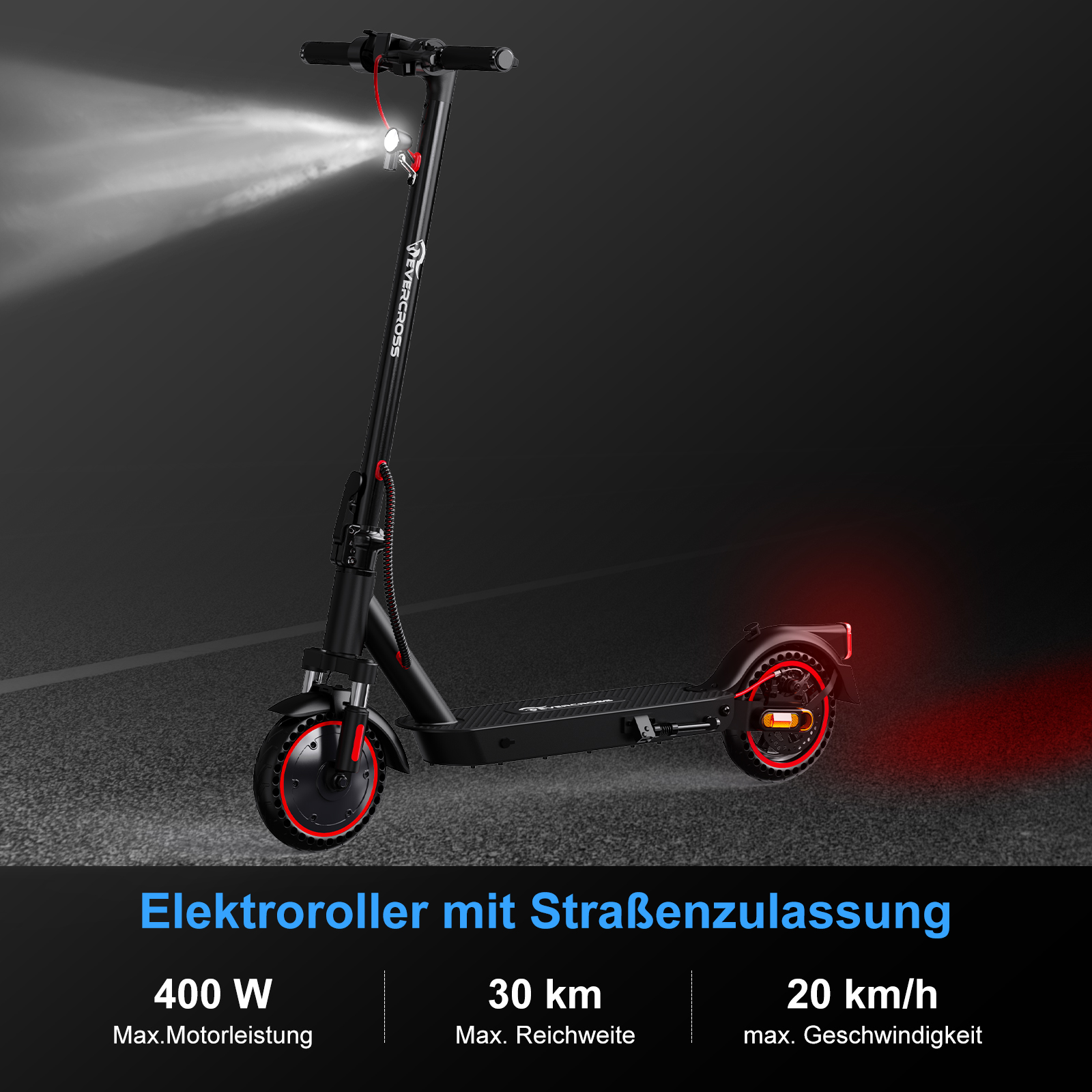 Schwarzer Elektroroller mit roten Akzenten und Scheinwerfer.