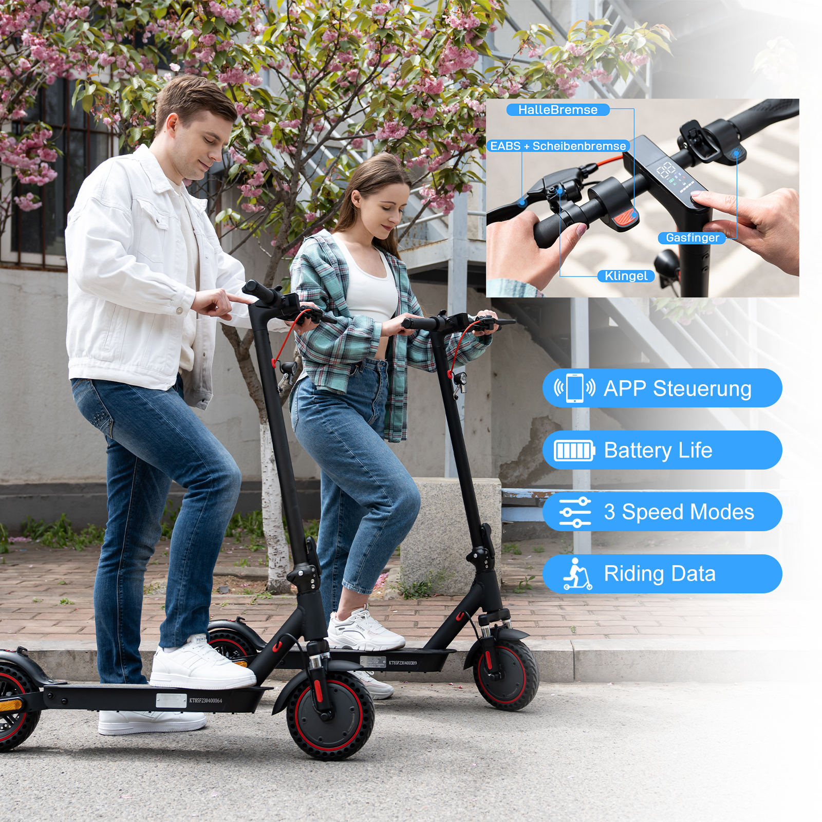 Zwei Personen auf schwarzen Elektrorollern auf einer Straße, mit Funktionen wie Akkulaufzeit.