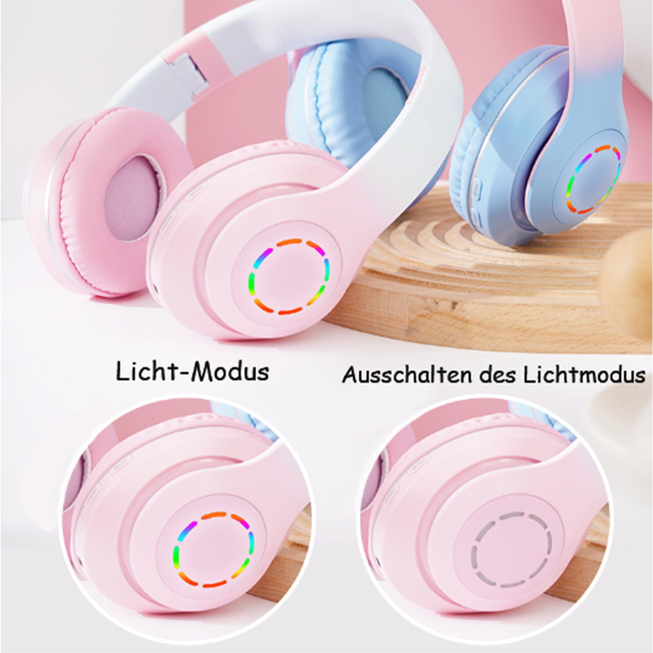 Kopfhörer: rosa, blau, weiß, mit bunten Lichtern auf Ohrmuscheln. Text auf Deutsch.