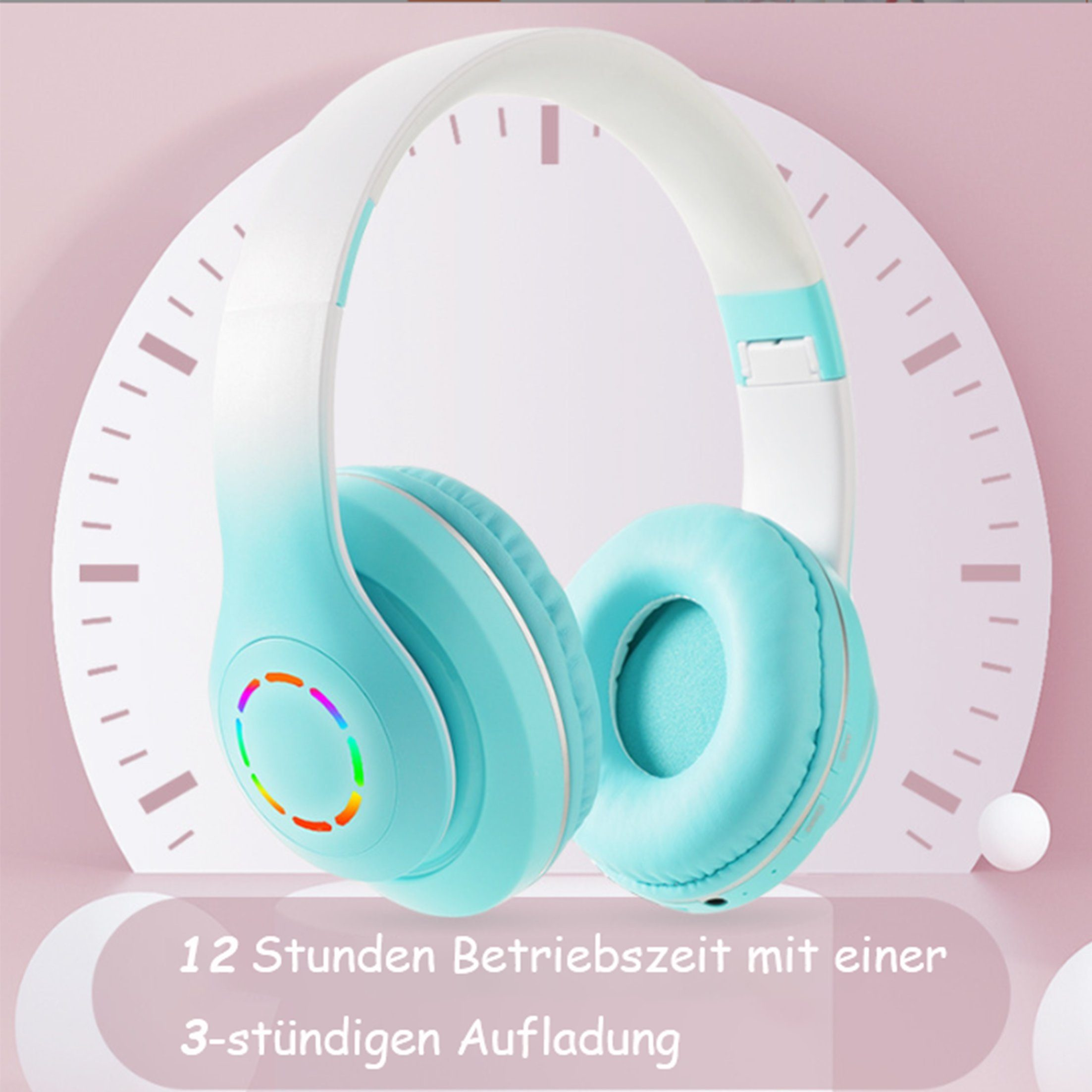 Türkisfarbene Kopfhörer mit weißen Bögen, auf rosa Hintergrund, mit Timer-Grafik. Text: 12 Stunden Spielzeit.