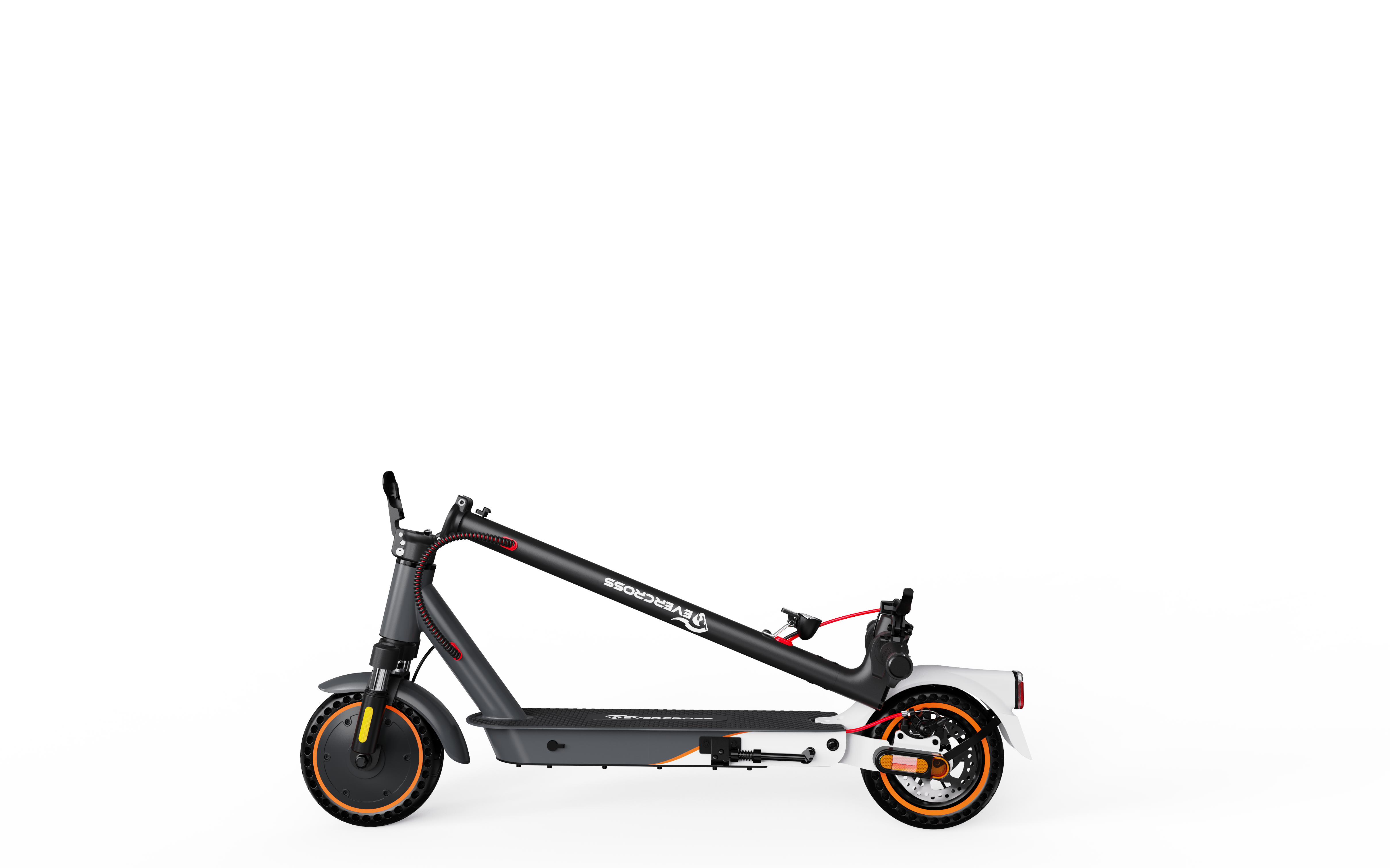 Gefalteter schwarz-grauer Roller auf weißem Hintergrund. Orange Akzente und Räder.