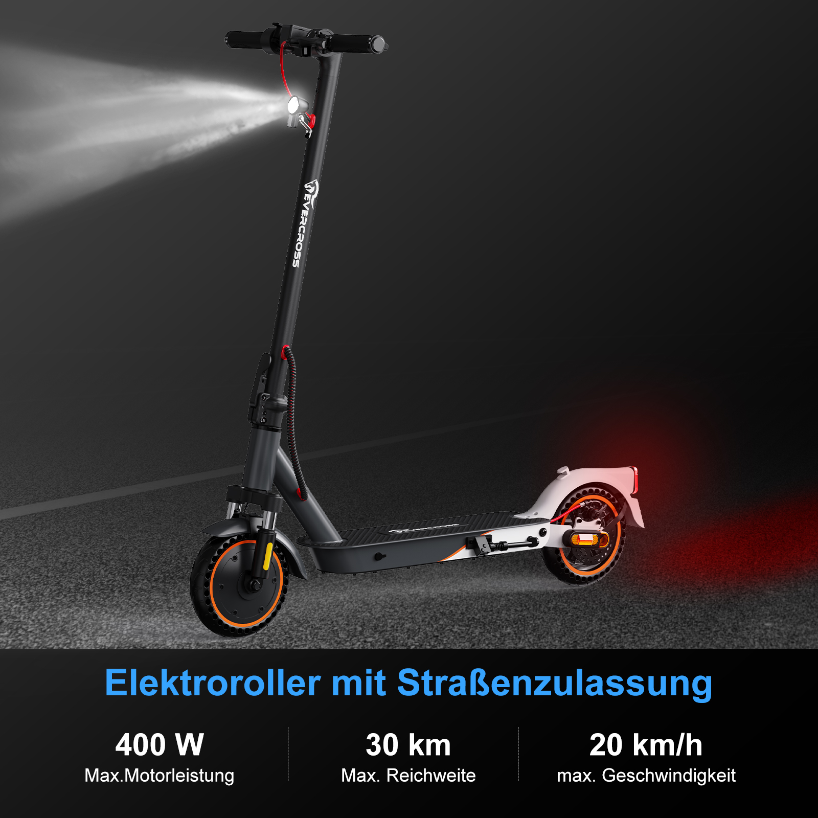 Elektroroller, schwarz, Lichter an, 400W, 30km Reichweite, 20km/h Geschwindigkeit.