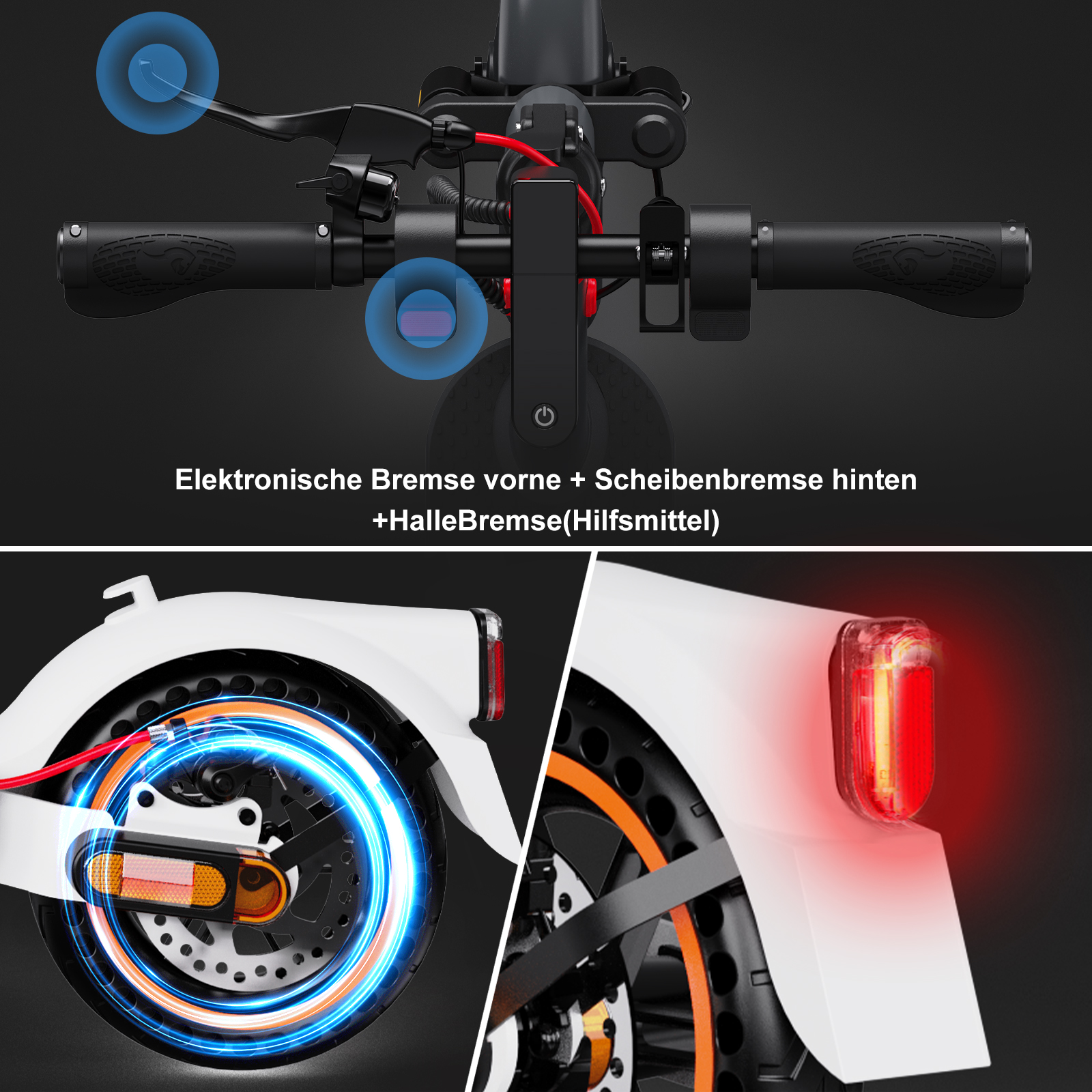 Elektroroller-Teile, einschließlich Lenker und Räder. Text beschreibt Bremssysteme.