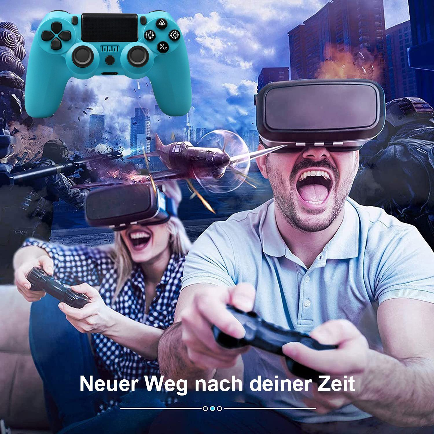 Personen benutzen VR-Headsets und spielen mit Controllern. Stadtlandschaft im Hintergrund.