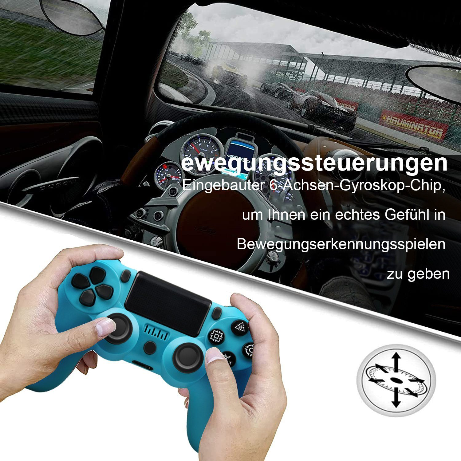 Eine Person hält einen blauen Gamecontroller. Die Szene ist ein Autorennen-Spiel.