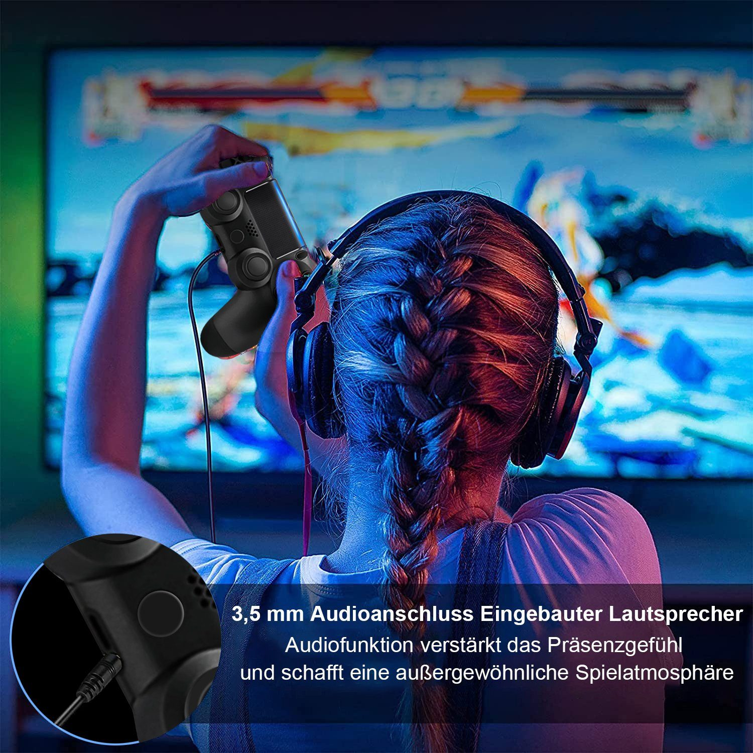 Person mit Kopfhörern und Controller, Fokus auf dem Anschluss des Controllers.