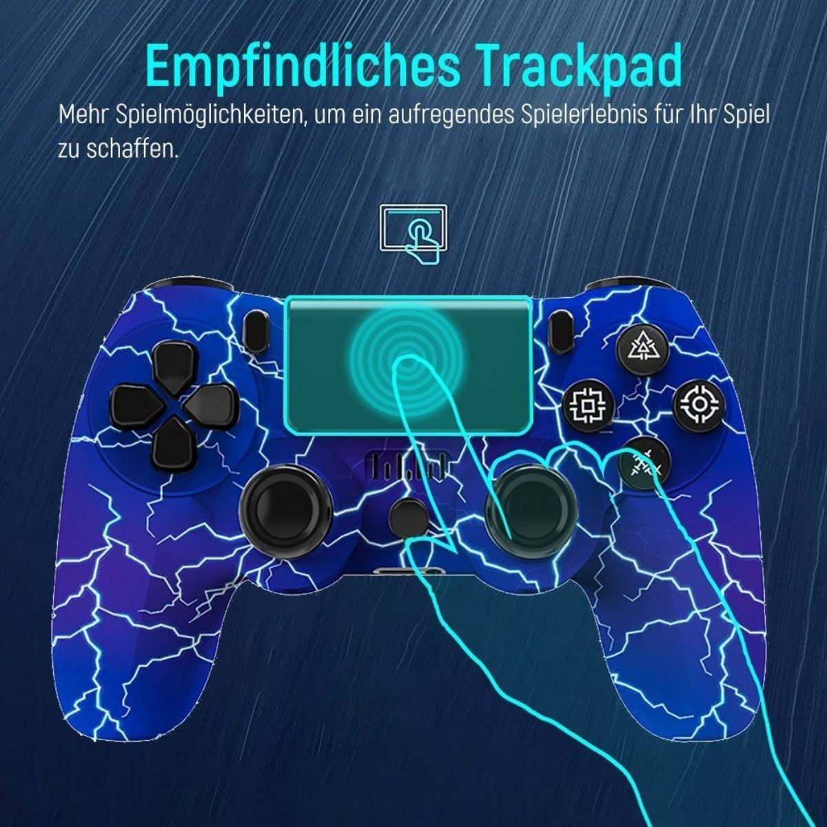Blau-schwarzer Gaming-Controller. Hand hält Controller. Blitz-Design.