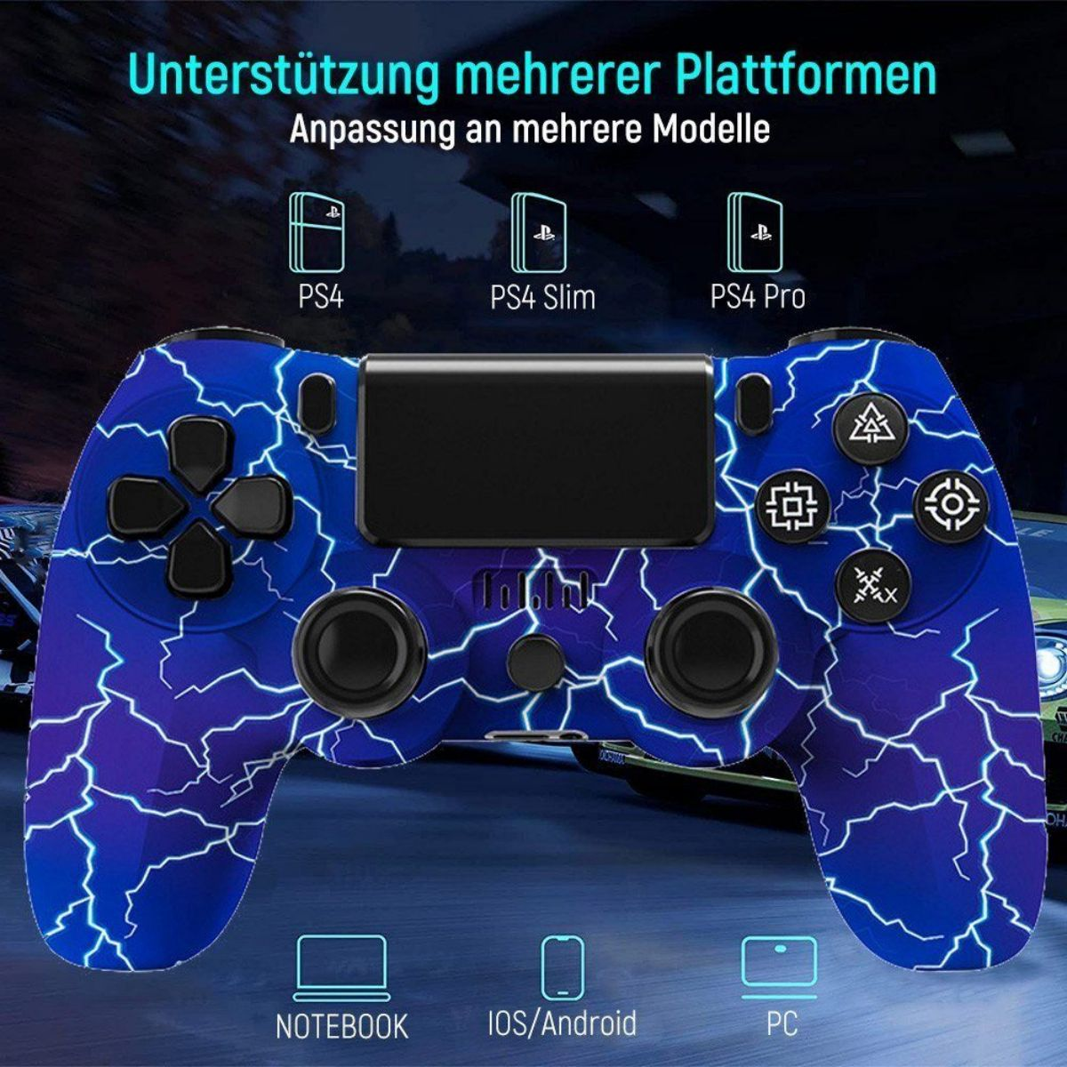 Blau-schwarzer PS4-Controller mit Grafiken und Symbolen für PS4, PS4 Slim und PS4 Pro.