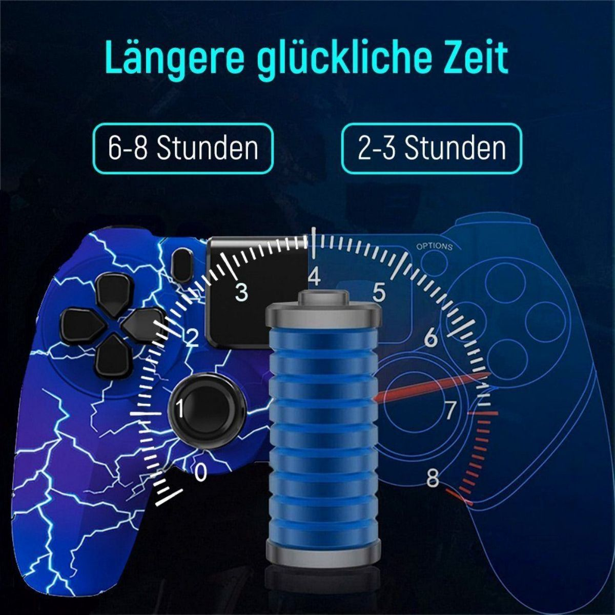 Ein blau-schwarzer Gamecontroller mit einem Akkusymbol und einer Anzeige der Ladezeit.