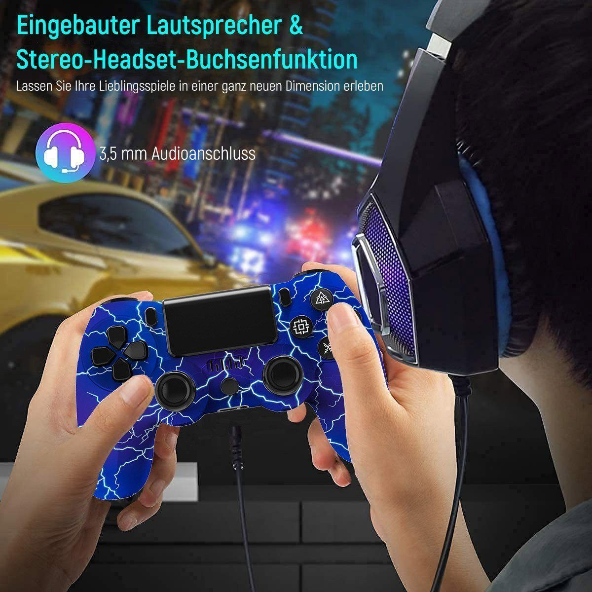 Eine Person hält einen blauen Videospiel-Controller.