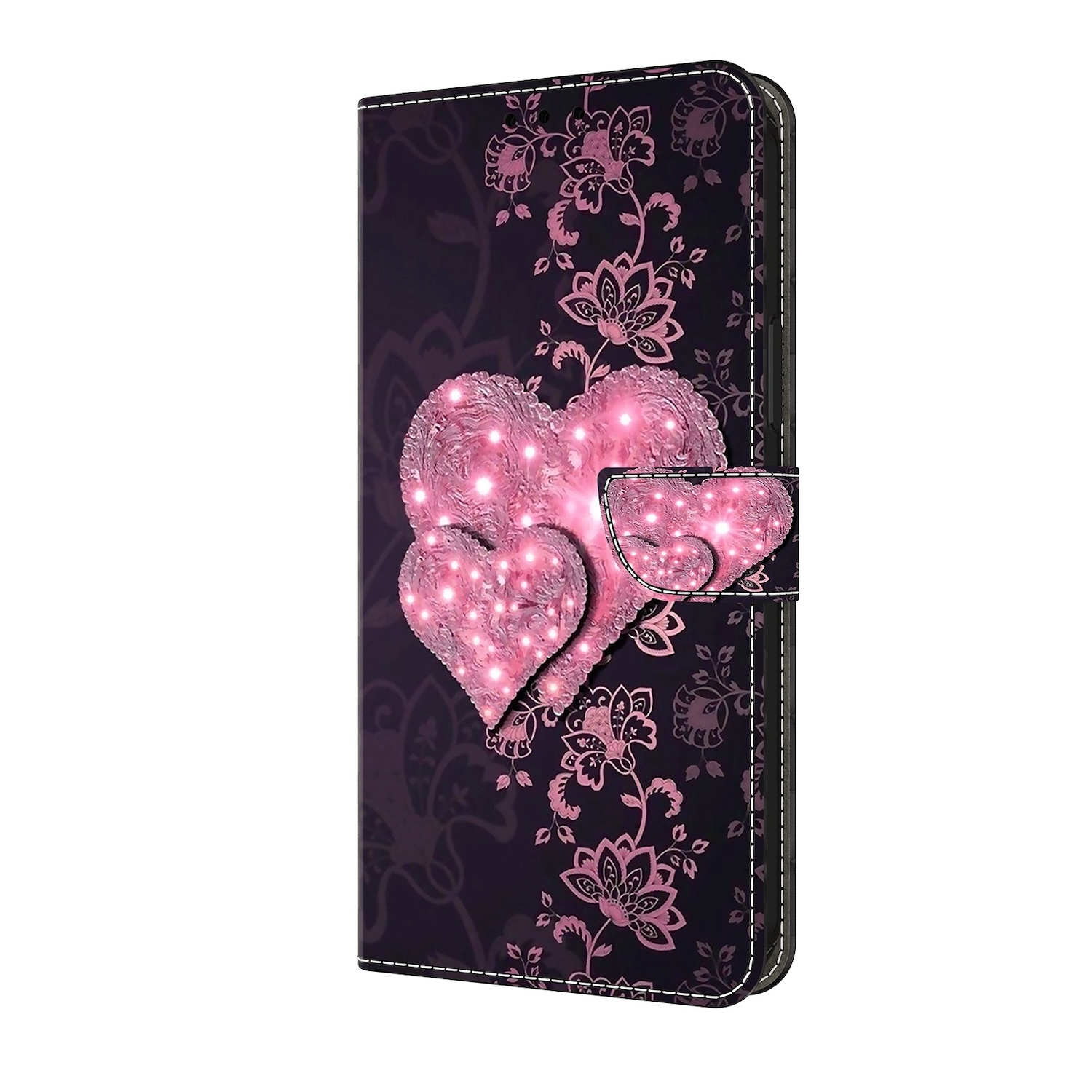 Una funda de teléfono con un diseño floral y dos corazones rosas brillantes. La funda está cerrada con un cierre magnético.