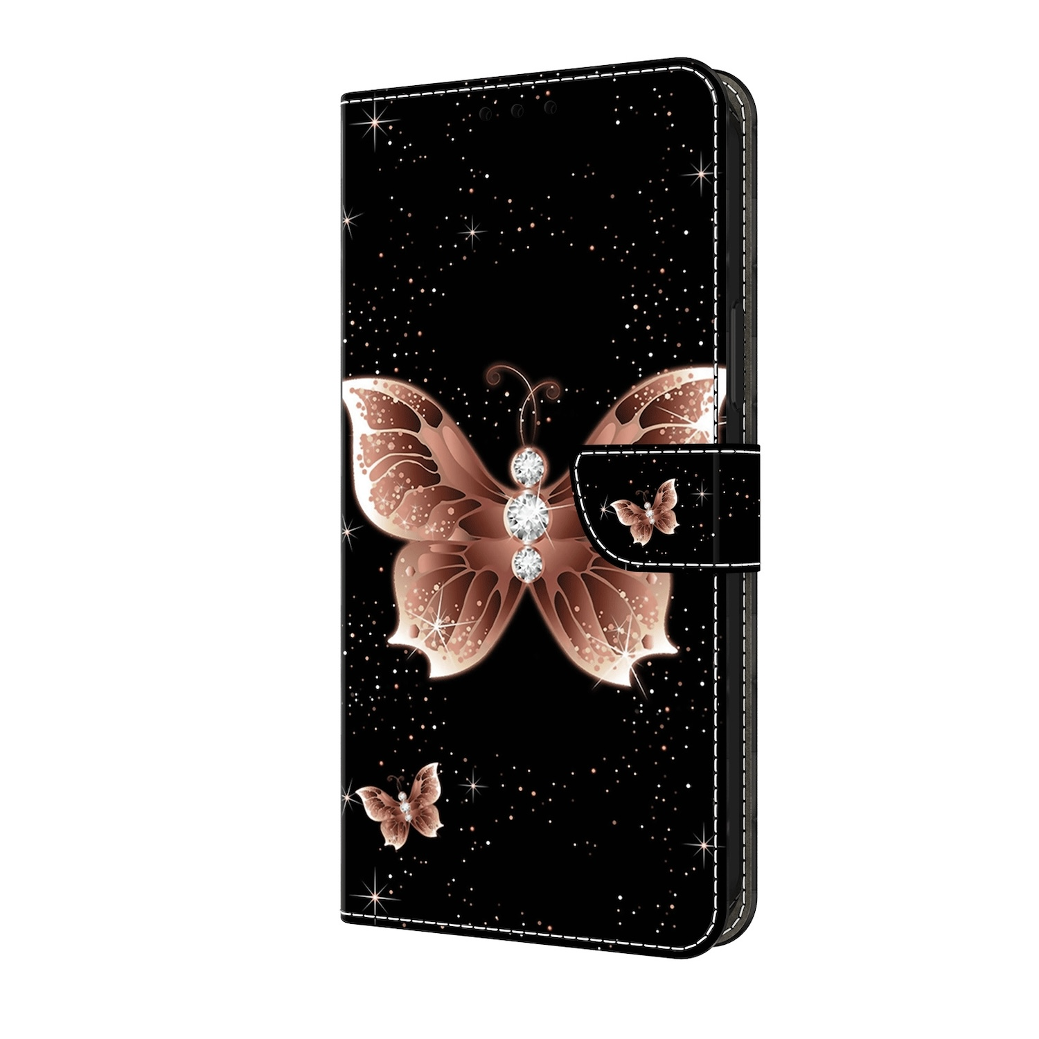 Schwarze Handyhülle mit Schmetterlingsdesign. Mit Magnetverschluss und Sternen.