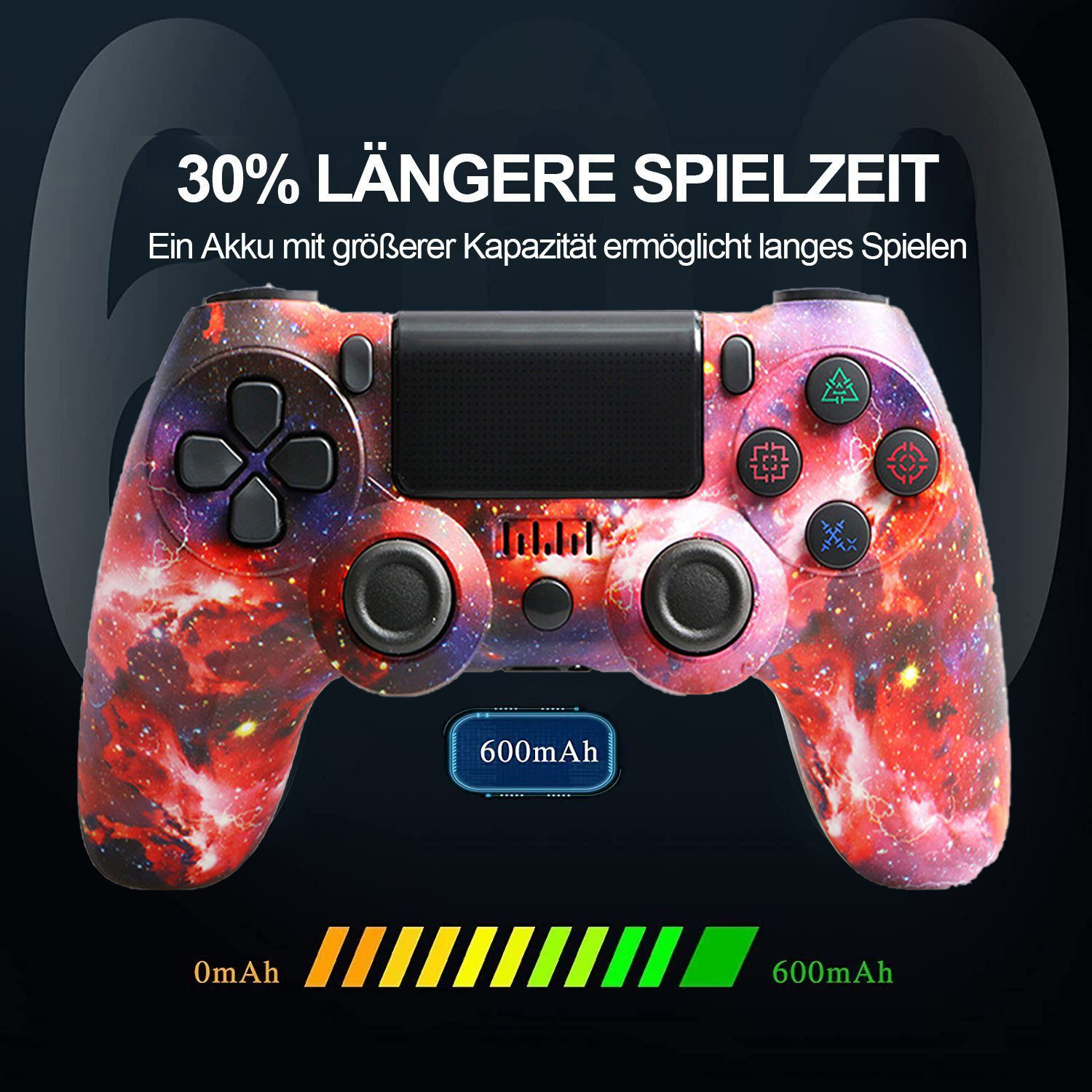 Gaming-Controller mit farbenfrohem Galaxy-Design und Batteriestandsanzeigen.