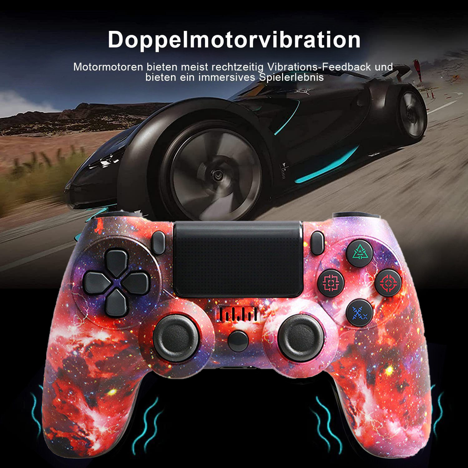 Gaming-Controller mit Galaxie-Design und Auto im Hintergrund.