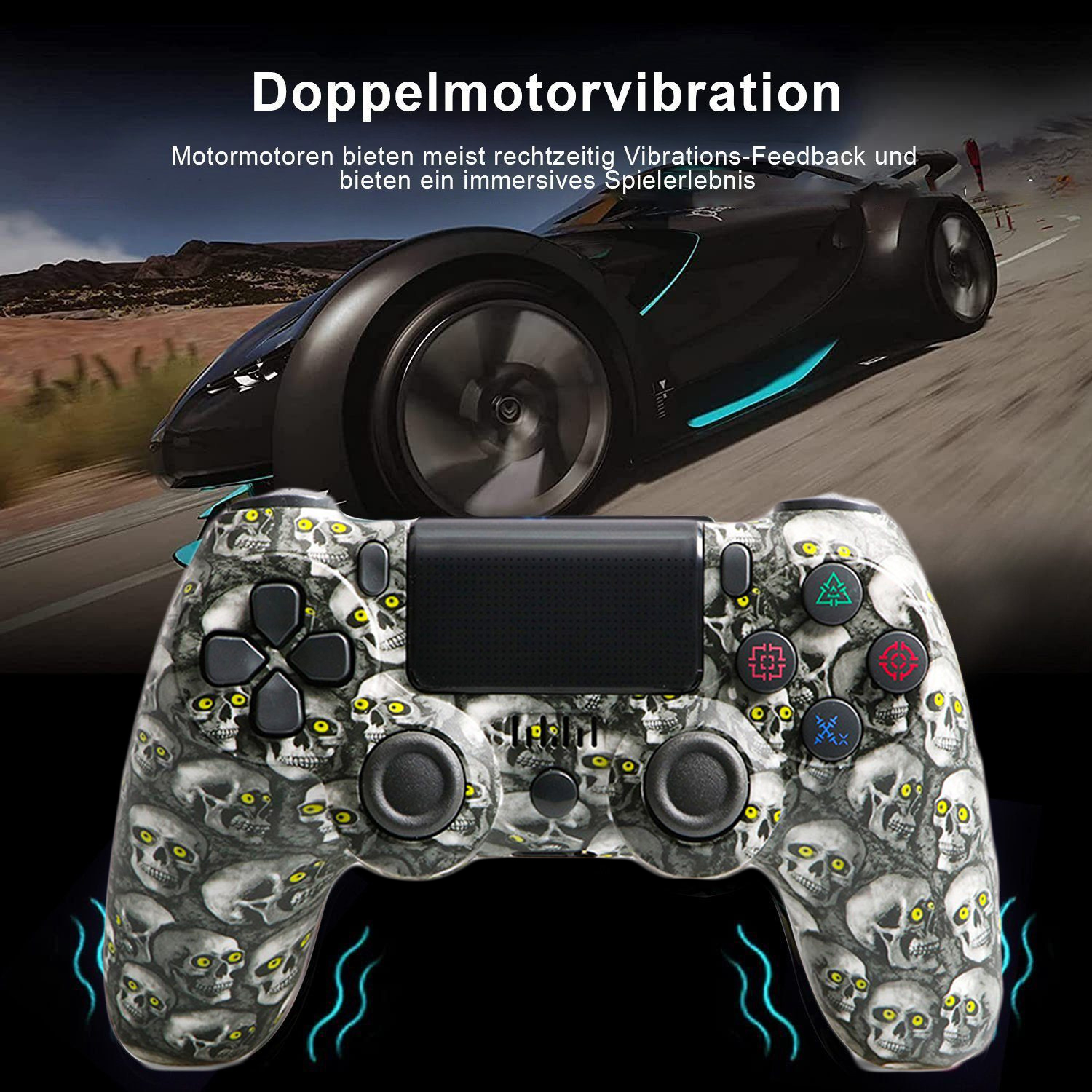 Ein schwarz-weißer Gaming-Controller mit Totenkopfmuster, mit dem Wort 'Doppelmotorvibration' oben.
