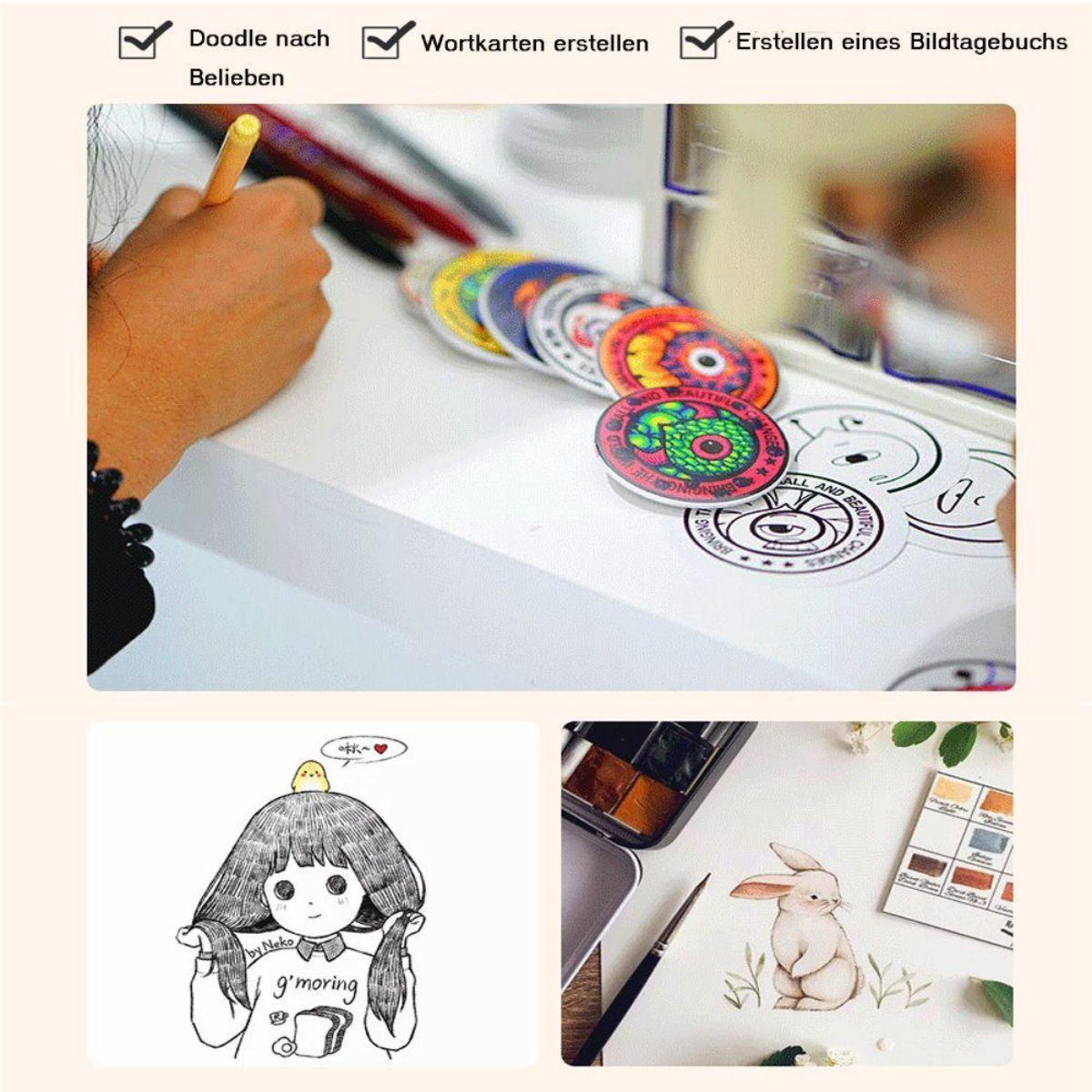 Die Hand einer Person mit bunten Aufklebern und Zeichnungen, ein Notizbuch mit Zeichnungen und Kunstbedarf.