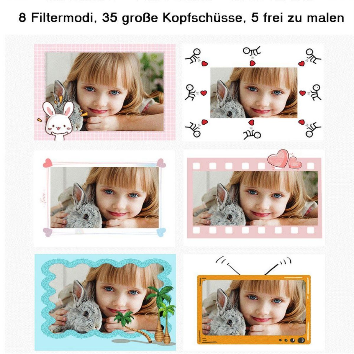 Fotos eines Mädchens mit Hase, gerahmt mit verschiedenen Designs.