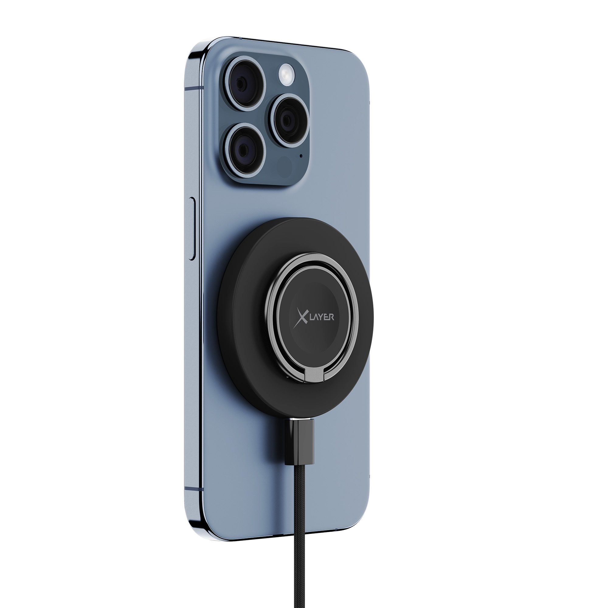 Blaues Smartphone mit schwarzem Ringhalter, lädt mit schwarzem Kabel.