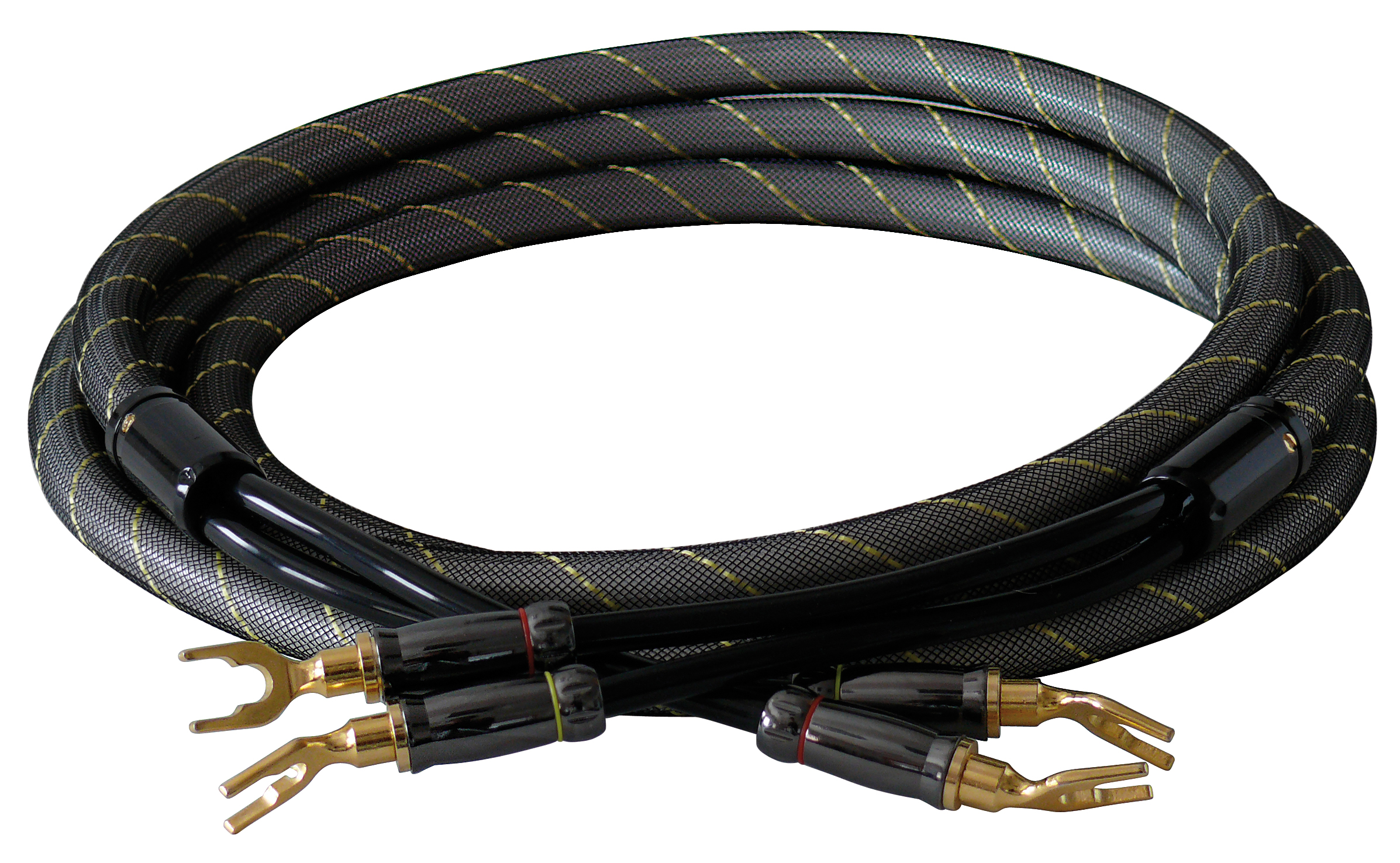Schwarze und gelbe Audiokabel mit goldfarbenen Steckern. Die Kabel sind zu einer Schleife gewickelt.