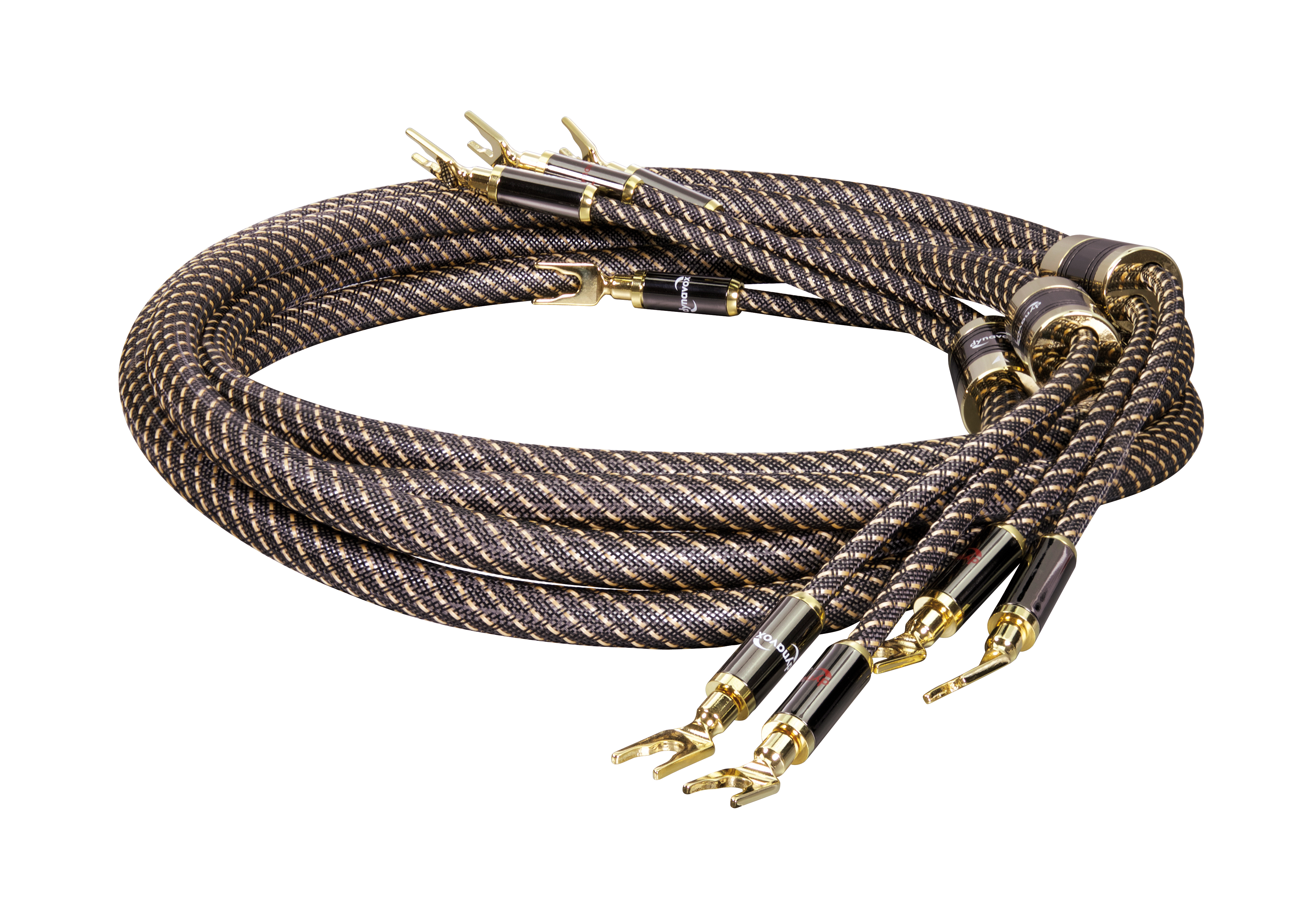 Gewickelte Audiokabel mit Goldsteckern.