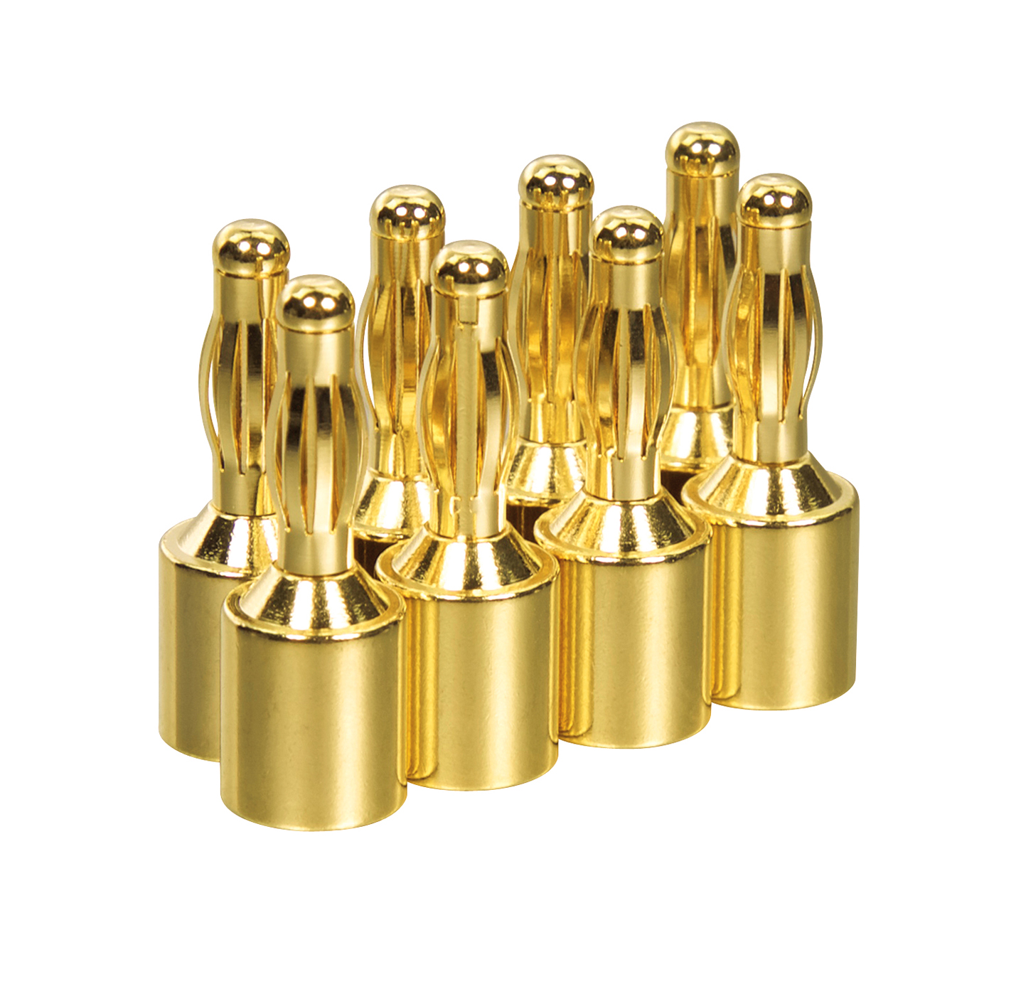 Eine Gruppe von zehn goldenen Bananensteckern auf weißem Hintergrund, gebrauchsfertig.