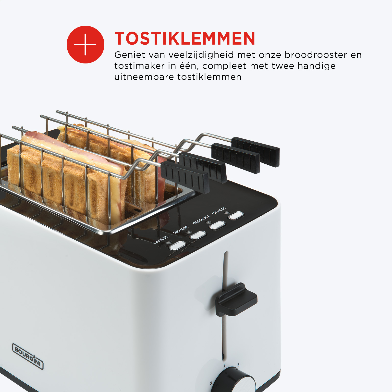 Tostapane bianco con pane tostato e clip per toast.