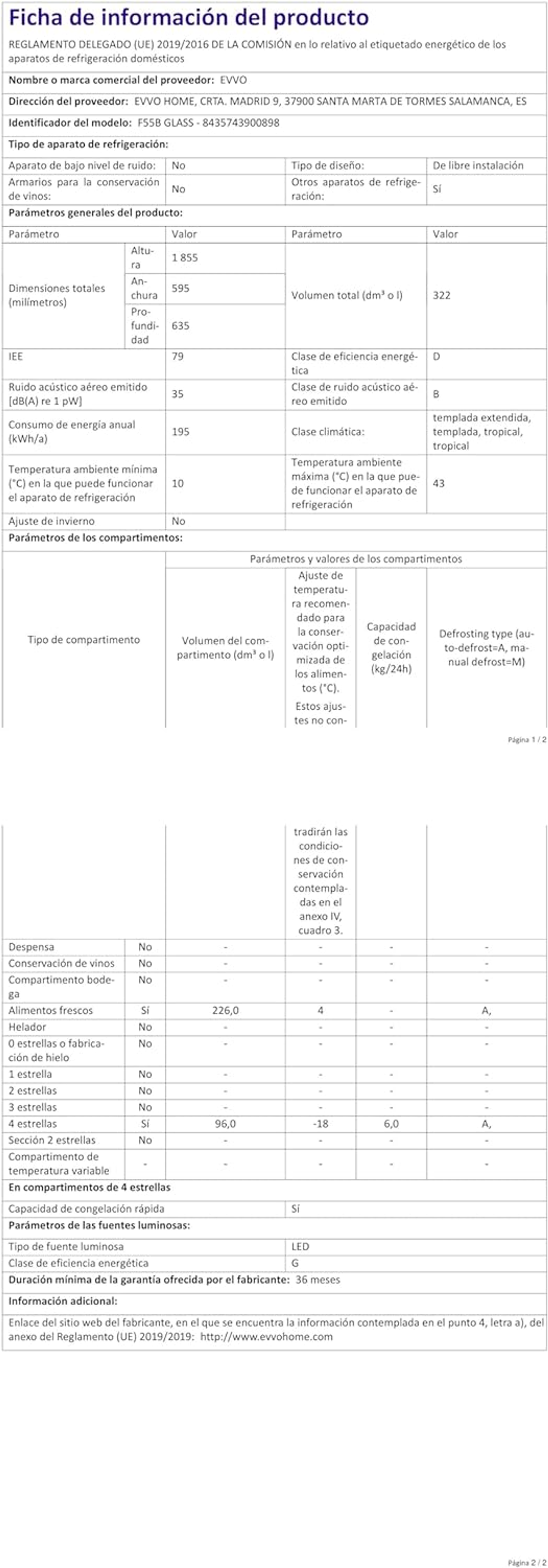 Una hoja de información del producto con especificaciones técnicas de un refrigerador, en español.
