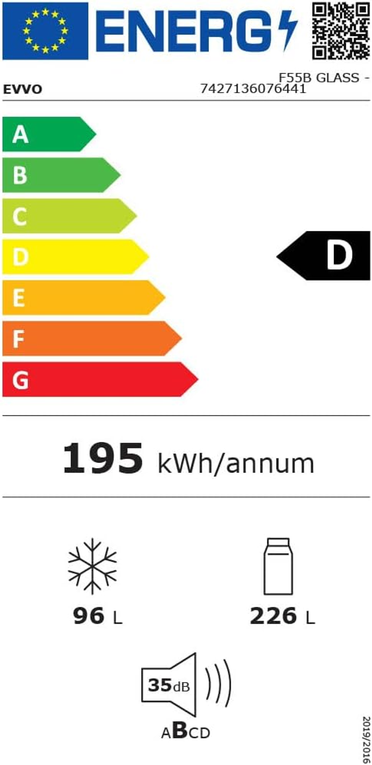 Etiqueta energética para un refrigerador con la letra D, 195 kWh/año, 96L, 226L y 35dB.