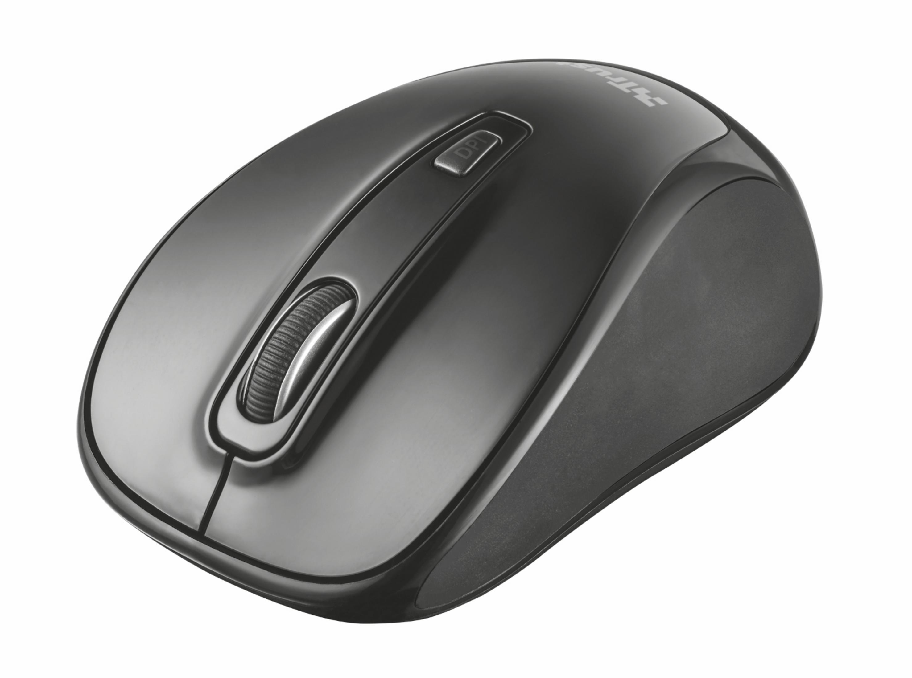 Mouse per computer nero. Ha una rotella di scorrimento e un pulsante DPI.
