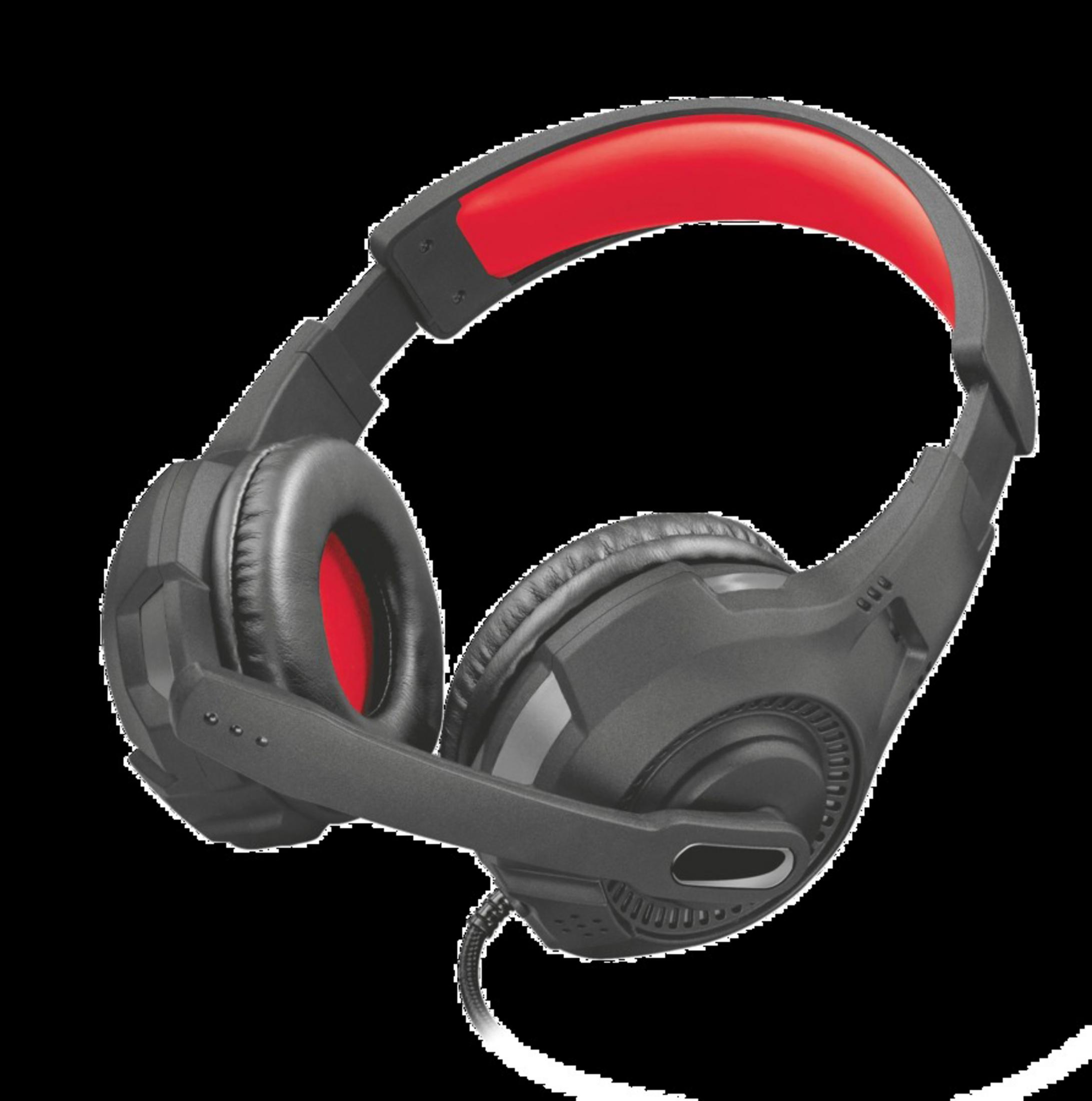Auriculares para juegos negros con detalles rojos y micrófono.